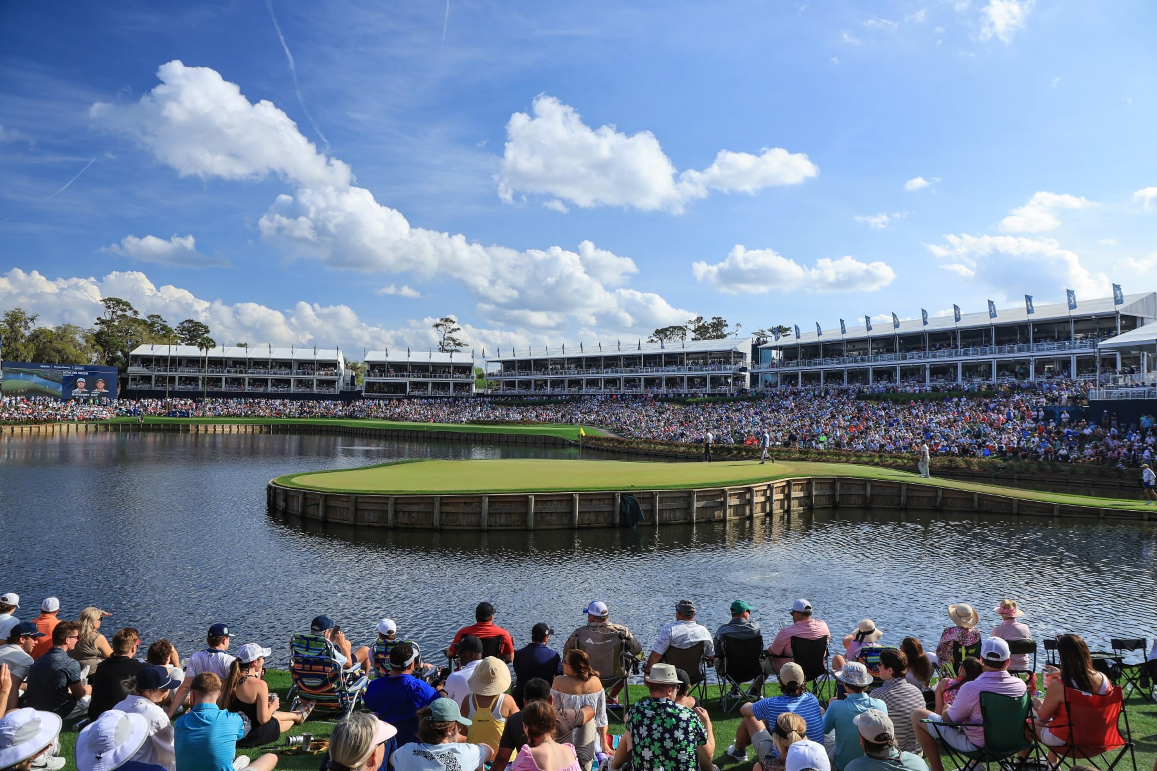 PONTE VEDRA BEACH, FLORIDA - MARCH 16: A general view from behind the green on the par 3, 17th hole during the third round of THE PLAYERS Championship at TPC Sawgrass on March 16, 2024 in Ponte Vedra Beach, Florida. (Photo by David Cannon/Getty Images)