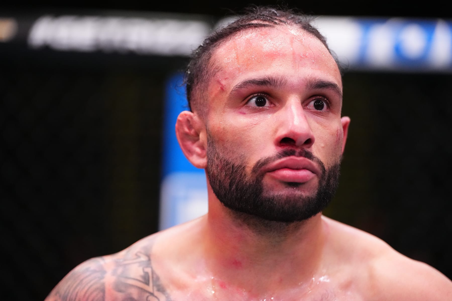 LAS VEGAS, NEVADA - MARCH 16: Isaac Dulgarian reacts after his featherweight fight against Christian Rodriguezduring the UFC Fight Night event at UFC APEX on March 16, 2024 in Las Vegas, Nevada. (Photo by Jeff Bottari/Zuffa LLC via Getty Images)