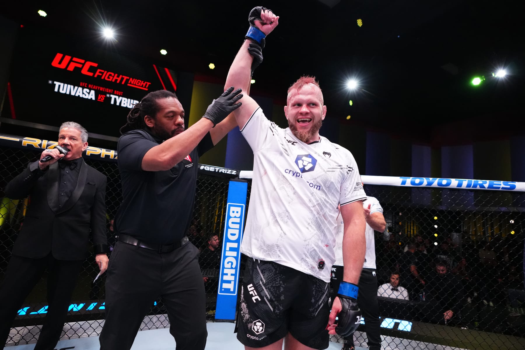 LAS VEGAS, NEVADA - MARCH 16: Marcin Tybura of Poland reacts after submitting Tai Tuivasa of Australia in their heavyweight fight during the UFC Fight Night event at UFC APEX on March 16, 2024 in Las Vegas, Nevada. (Photo by Jeff Bottari/Zuffa LLC via Getty Images)