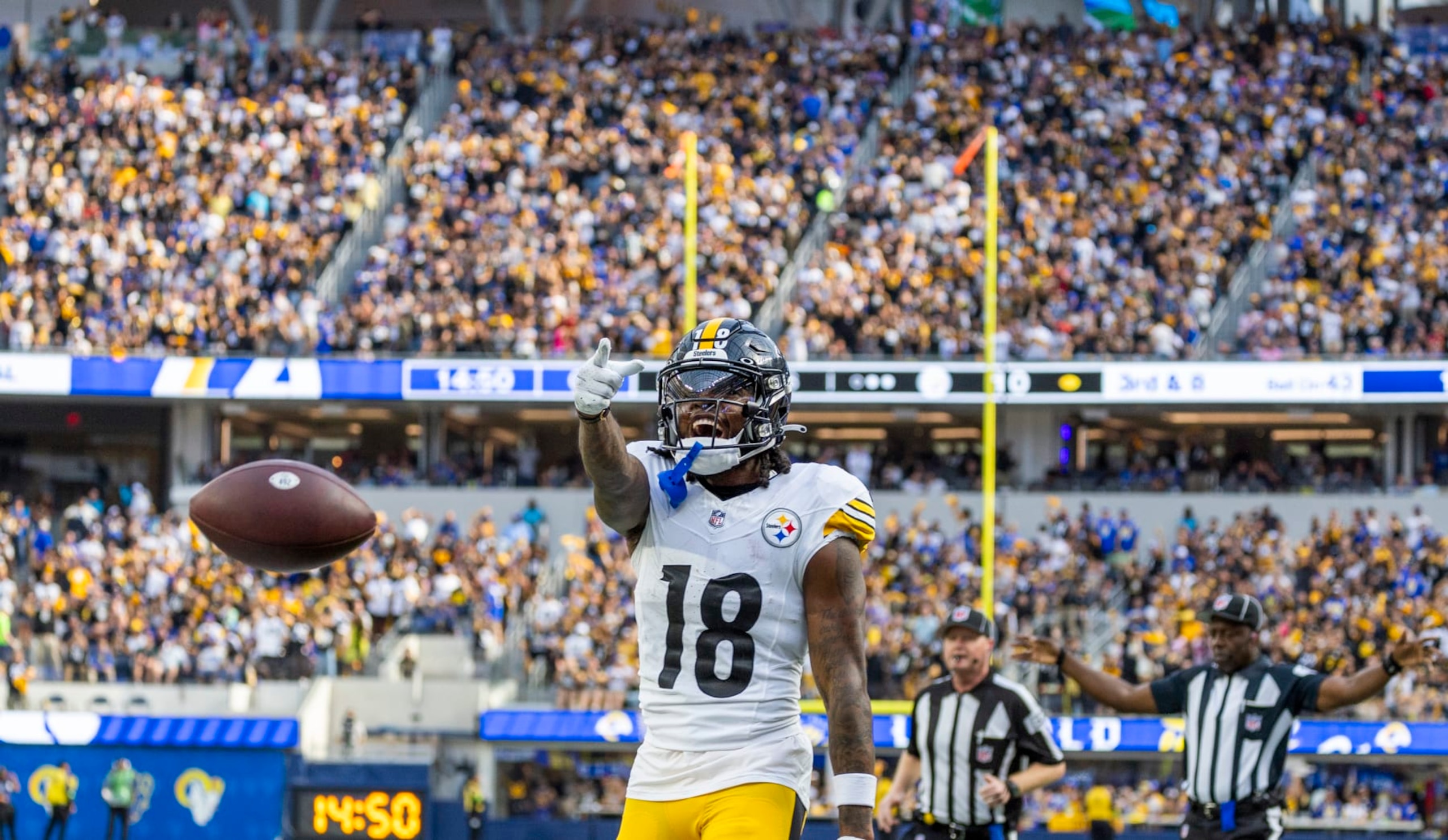 Inglewood, CA - October 22: Steelers wide receiver Diontae Johnson rallies with a large Steelers fans crowd in attendance after gaining yardage on a play against the Rams in the second half of the game at SoFi Stadium in Inglewood Sunday, Oct. 22, 2023.  (Allen J. Schaben / Los Angeles Times via Getty Images)

Rams quarterback Matthew Stafford, #9, 
Rams wide receiver Cooper Kupp, #10
Rams defensive tackle Aaron Donald, #99
Rams wide receiver Luka Nacua, #17
Rams tight end Tyler Higbee, #89
Rams wide receiver Tutu Atwell, #5
Rams running back Kyren Williams, #23
Rams defensive end Jonah Williams, #92
Rams nose tackle Kobie Turner, #91
Rams outside linebacker Michael Hoecht, #97
Rams outside linebacker Byron Young, #0
Rams inside linebacker Ernest Jones IV, #53
Rams inside linebacker Christian Rozeboom, #56
Rams cornerback Cobie Durant, #14
Rams cornerback Deion Kendrick, #1
Rams cornerback Ahkello Witherspoon, #44
Rams safety Jordan Fuller, #4
Rams safety Russ Yeast, #2
Rams running back Zach Evans (21)
Rams running back Royce Freeman, #24
Rams running back Myles Gaskin, #33

Steelers quarterback Kenny Pickett, #8
Steelers quarterback Mitch Trubinsky, #10
Steelers wide receiver Calvin Austin III, #19
Steelers left tackle Dan Moore Jr. 
Steelers left guard Isaac Seumalo, #73
Steelers center Mason Cole, 61
Steelers right guard James Daniels, 78
Steelers right tackle Chukwuma Okorafor, #76
Steelers tight end Pat Freiermuth, #88
Steelers wide receiver Allen Robinson, III, #11
Steelers wide receiver George Pickens, #14
Steelers running back Najee Harris, #22
Steelers full back Connor Hayward, #83,
Rams