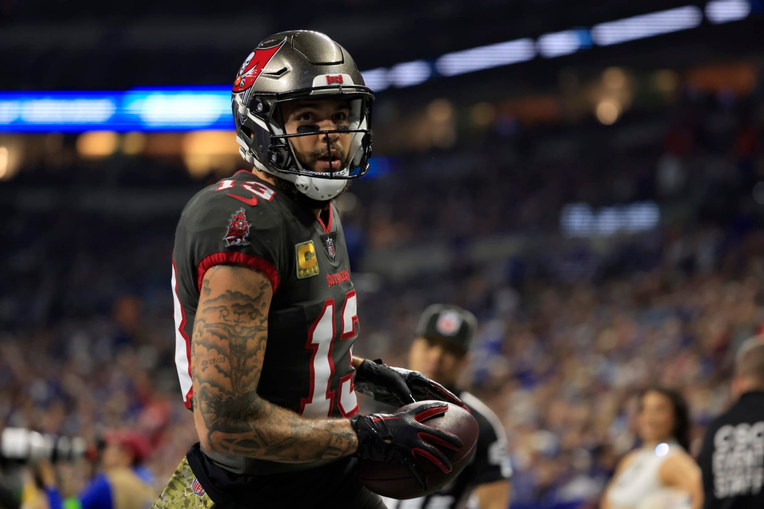 INDIANAPOLIS, INDIANA - NOVEMBER 26: Mike Evans #13 of the Tampa Bay Buccaneers celebrates after a touchdown in the game against the Indianapolis Colts at Lucas Oil Stadium on November 26, 2023 in Indianapolis, Indiana. (Photo by Justin Casterline/Getty Images)