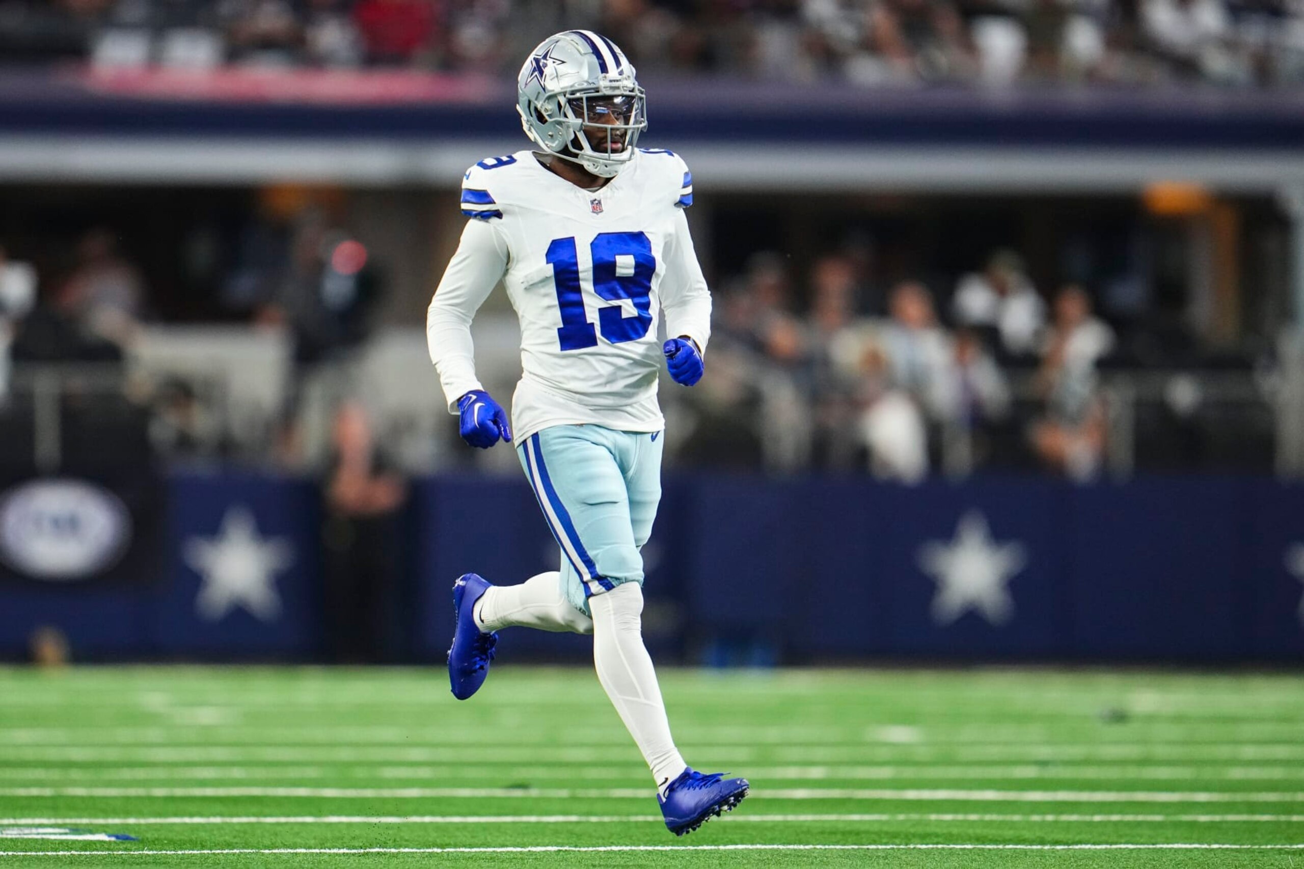 ARLINGTON, TX - OCTOBER 01: Noah Igbinoghene #19 of the Dallas Cowboys runs down the field at AT&T Stadium on October 1, 2023 in Arlington, Texas. (Photo by Cooper Neill/Getty Images)