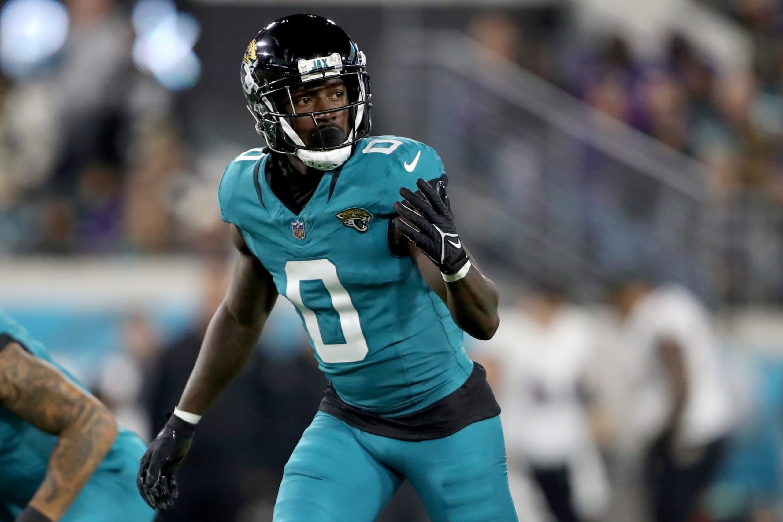 JACKSONVILLE, FLORIDA - DECEMBER 17: Calvin Ridley #0 of the Jacksonville Jaguars in action during the first half of a game against the Baltimore Ravens at EverBank Stadium on December 17, 2023 in Jacksonville, Florida. (Photo by Courtney Culbreath/Getty Images)