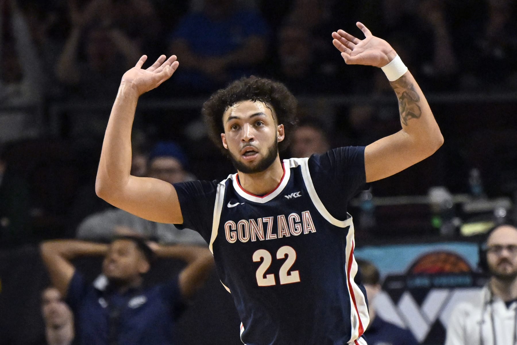 LAS VEGAS, NEVADA - MARCH 12: Anton Watson #22 of the Gonzaga Bulldogs reacts after dunking the ball against the Saint Mary's Gaels in the first half of the championship game of the West Coast Conference basketball tournament at the Orleans Arena on March 12, 2024 in Las Vegas, Nevada. (Photo by David Becker/Getty Images)