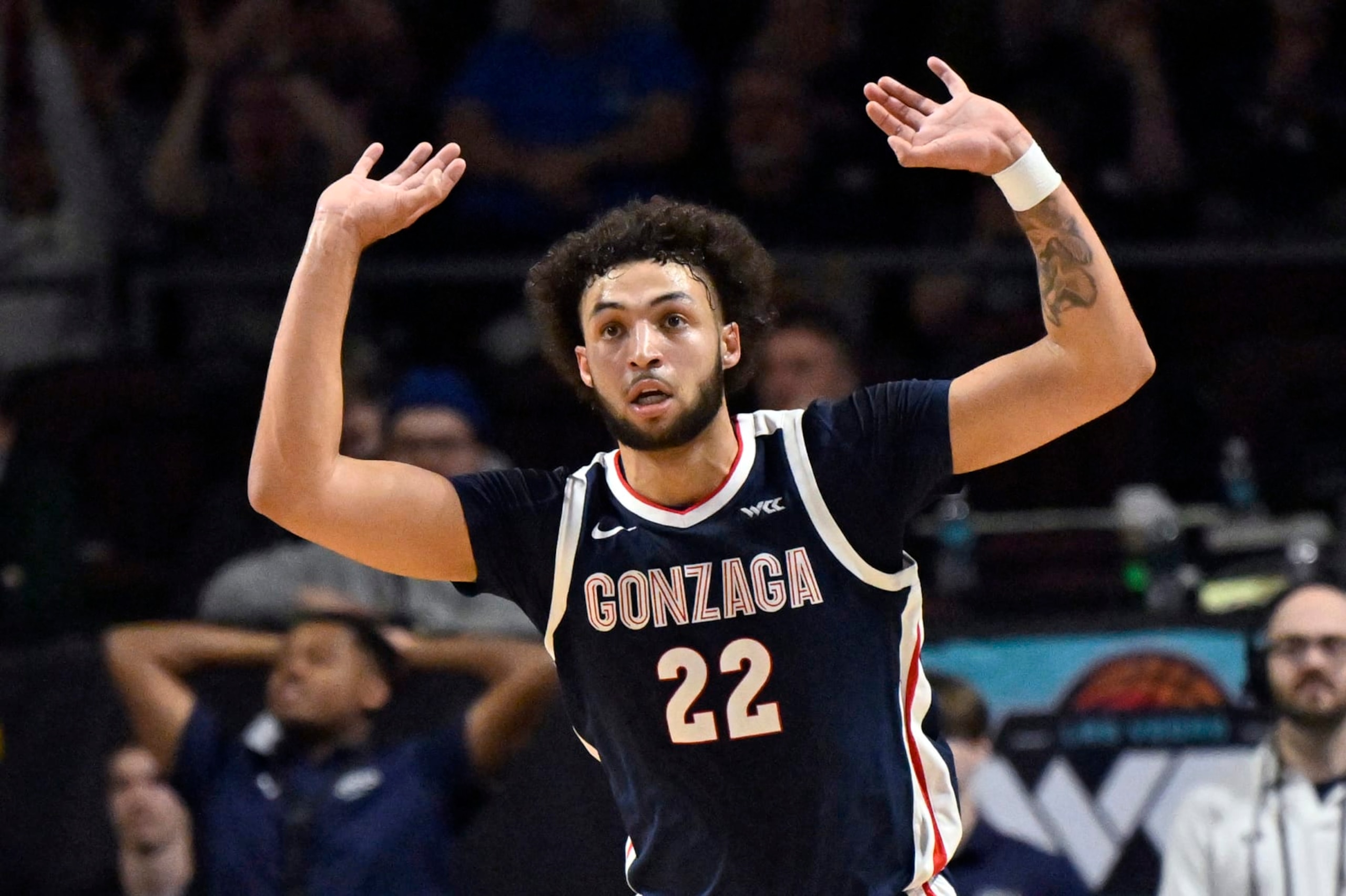 LAS VEGAS, NEVADA - MARCH 12: Anton Watson #22 of the Gonzaga Bulldogs reacts after dunking the ball against the Saint Mary's Gaels in the first half of the championship game of the West Coast Conference basketball tournament at the Orleans Arena on March 12, 2024 in Las Vegas, Nevada. (Photo by David Becker/Getty Images)