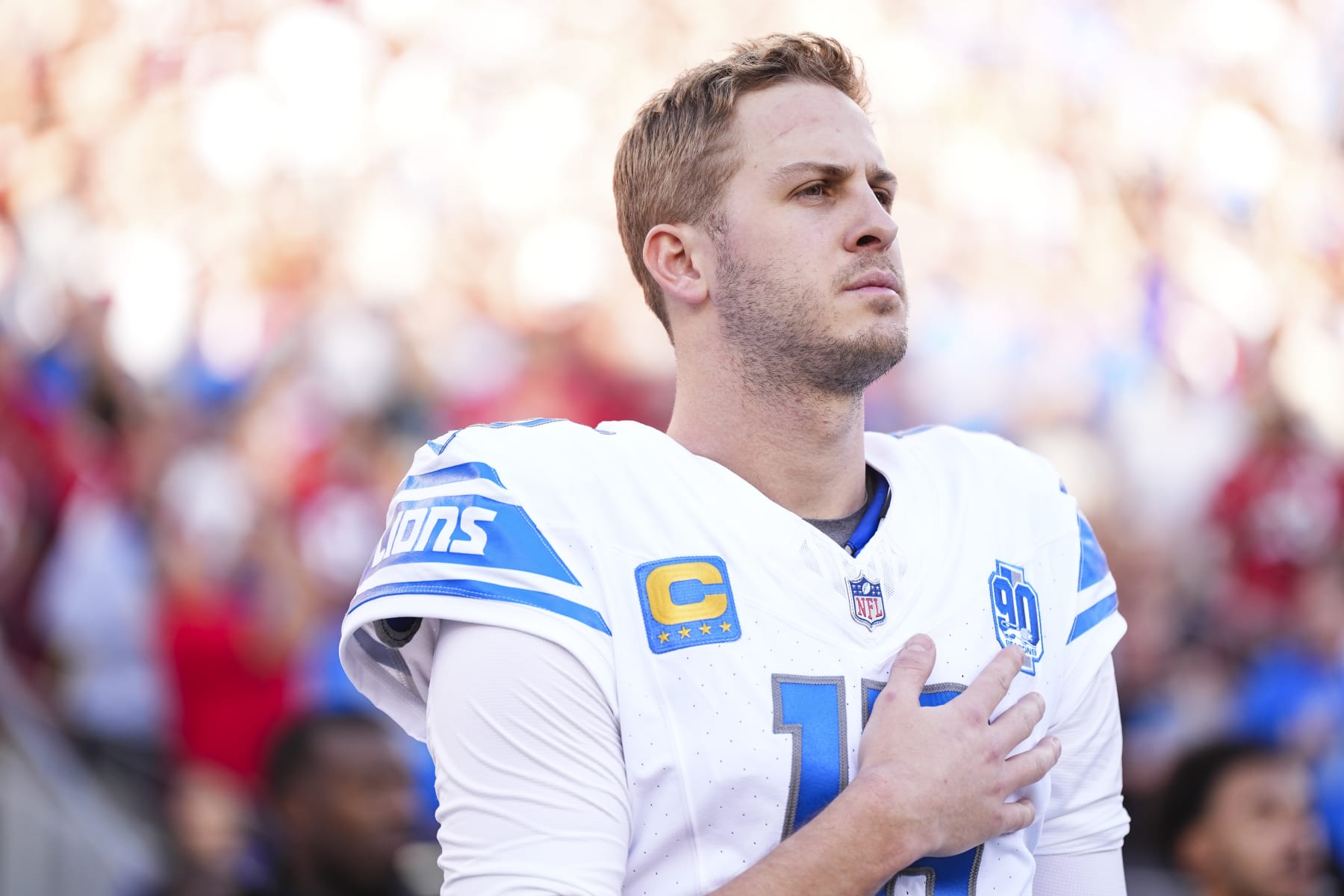 SANTA CLARA, CA - JANUARY 28: Jared Goff #16 of the Detroit Lions looks on from the sideline prior to the NFC Championship NFL football game against the San Francisco 49ers at Levi's Stadium on January 28, 2024 in Santa Clara, California. (Photo by Cooper Neill/Getty Images)