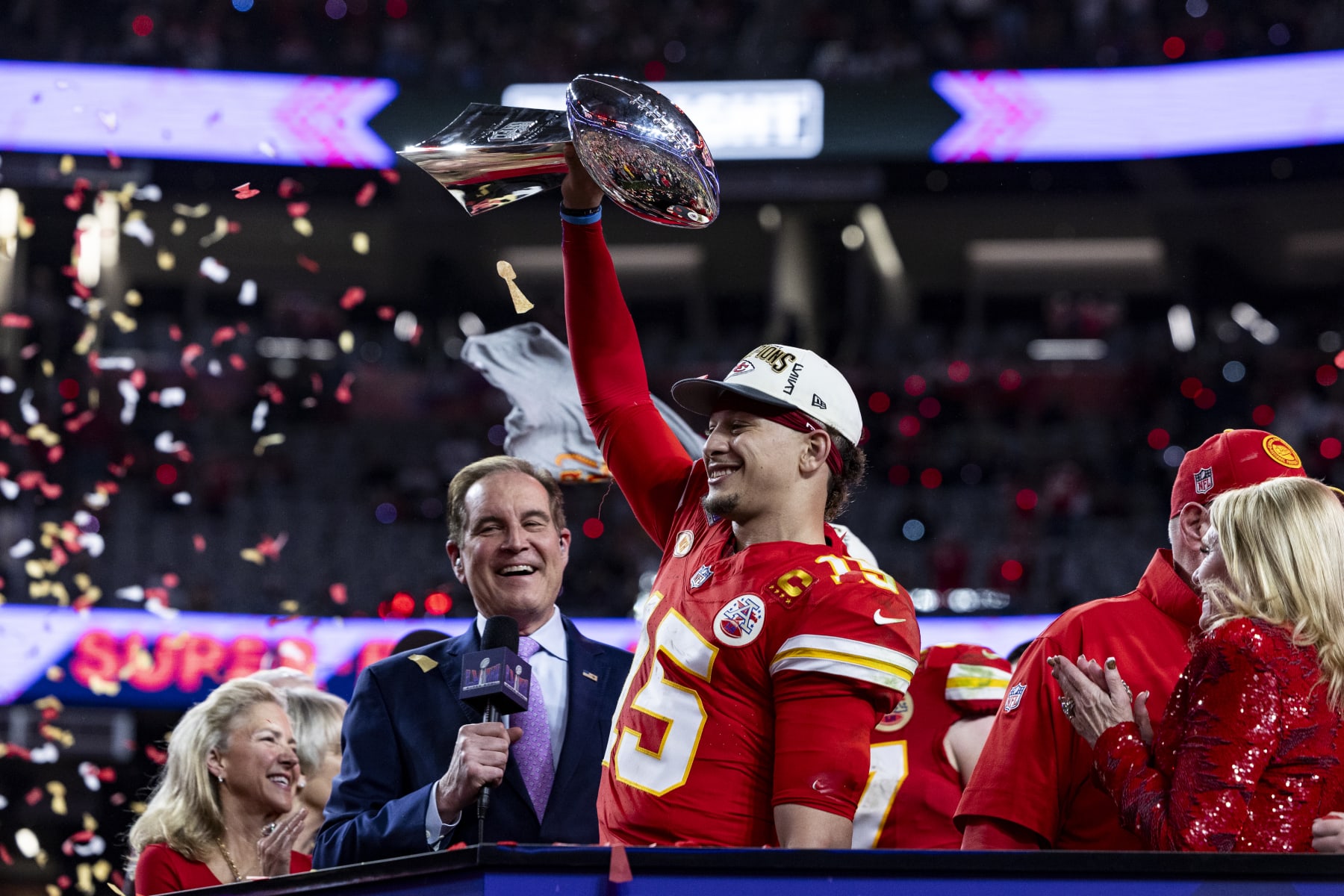 LAS VEGAS, NEVADA - FEBRUARY 11: Patrick Mahomes #15 of the Kansas City Chiefs celebrates after winning Super Bowl LVIII against the San Francisco 49ers at Allegiant Stadium on Sunday, February 11, 2024 in Las Vegas, Nevada. (Photo by Lauren Leigh Bacho/Getty Images)