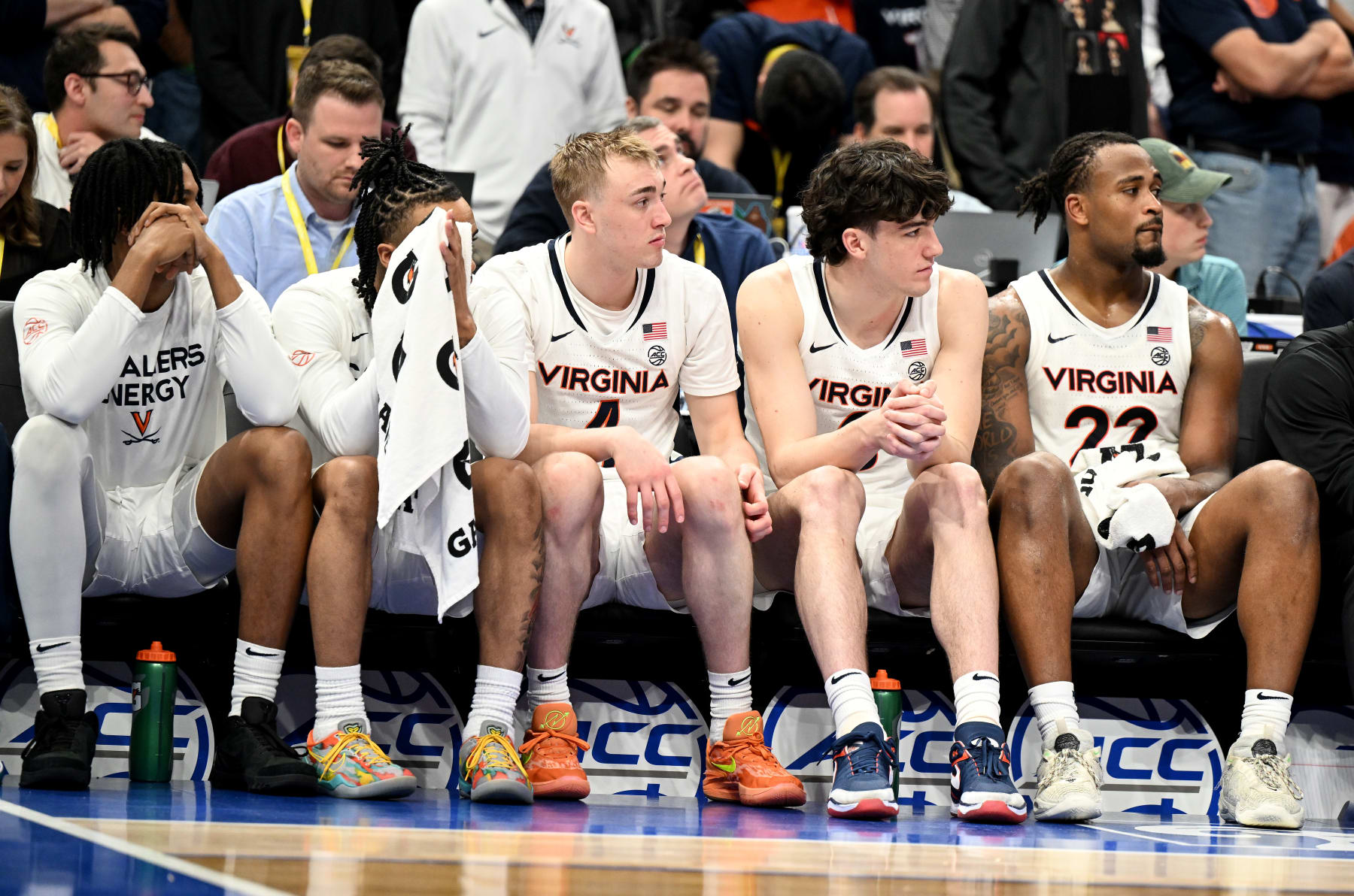 WASHINGTON, DC - MARCH 15: The Virginia Cavaliers bench looks on at the end of overtime against the North Carolina State Wolfpack in the Semifinals of the ACC Men's Basketball Tournament  at Capital One Arena on March 15, 2024 in Washington, DC.  (Photo by Greg Fiume/Getty Images)