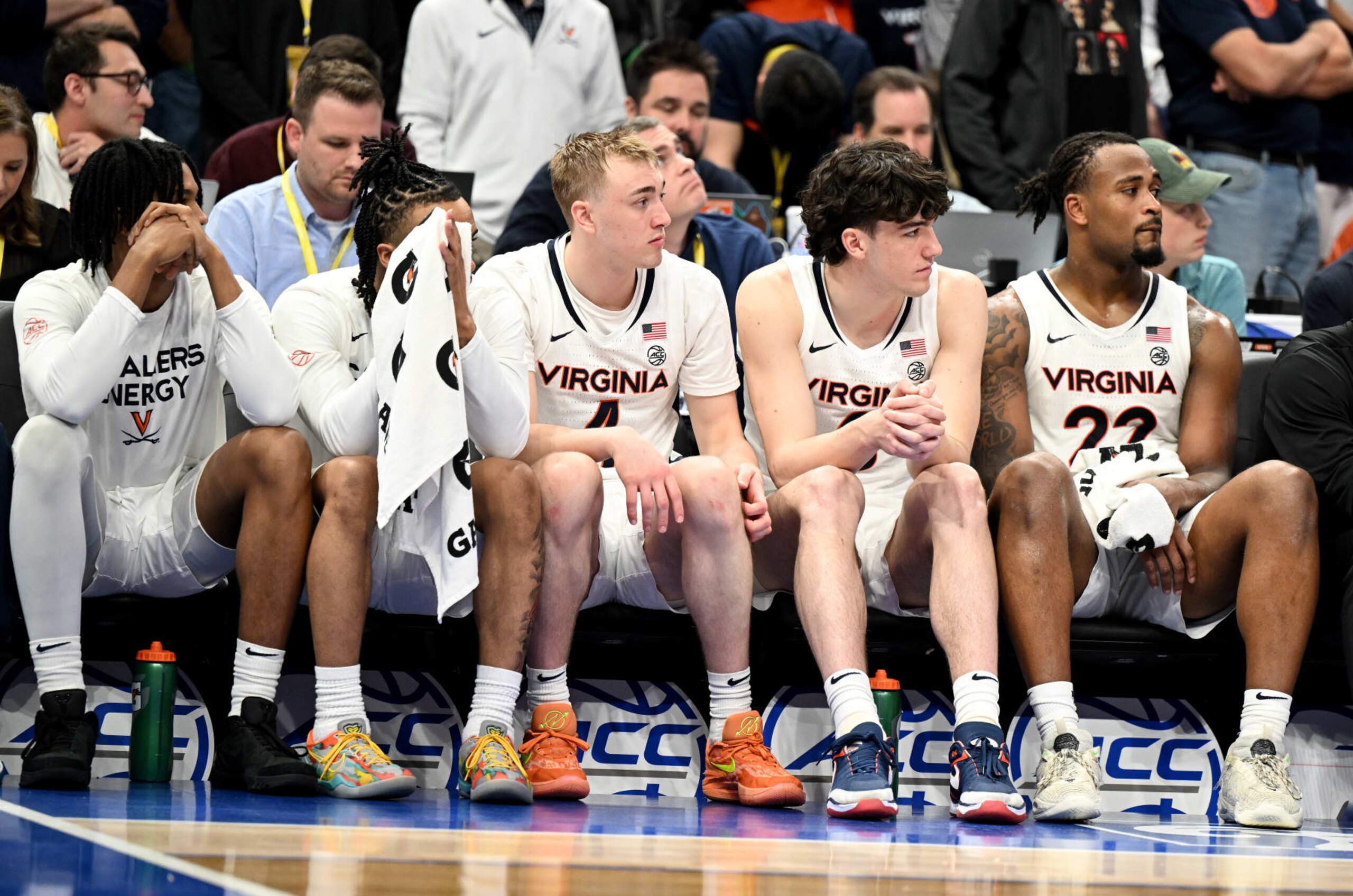 WASHINGTON, DC - MARCH 15: The Virginia Cavaliers bench looks on at the end of overtime against the North Carolina State Wolfpack in the Semifinals of the ACC Men's Basketball Tournament  at Capital One Arena on March 15, 2024 in Washington, DC.  (Photo by Greg Fiume/Getty Images)