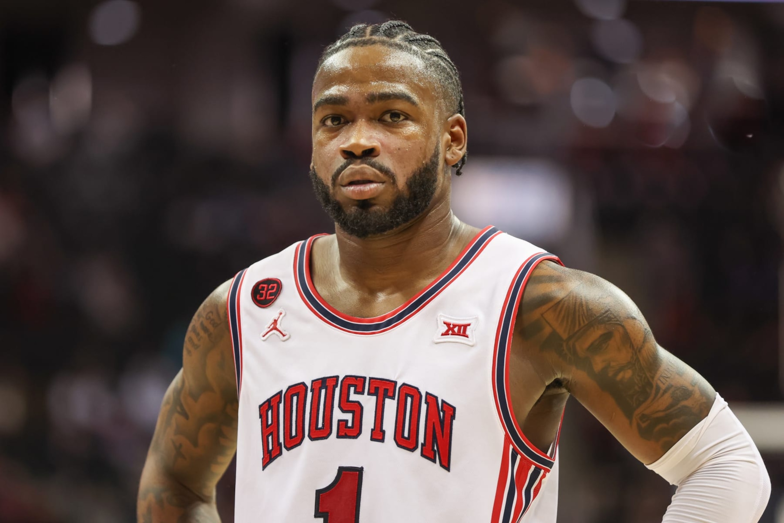KANSAS CITY, MO - MARCH 14: Houston Cougars guard Jamal Shead (1) in the second half of a Big 12 tournament quarterfinal game between the TCU Horned Frogs and Houston Cougars on Mar 14, 2024 at T-Mobile Center in Kansas City, MO. (Photo by Scott Winters/Icon Sportswire via Getty Images)
