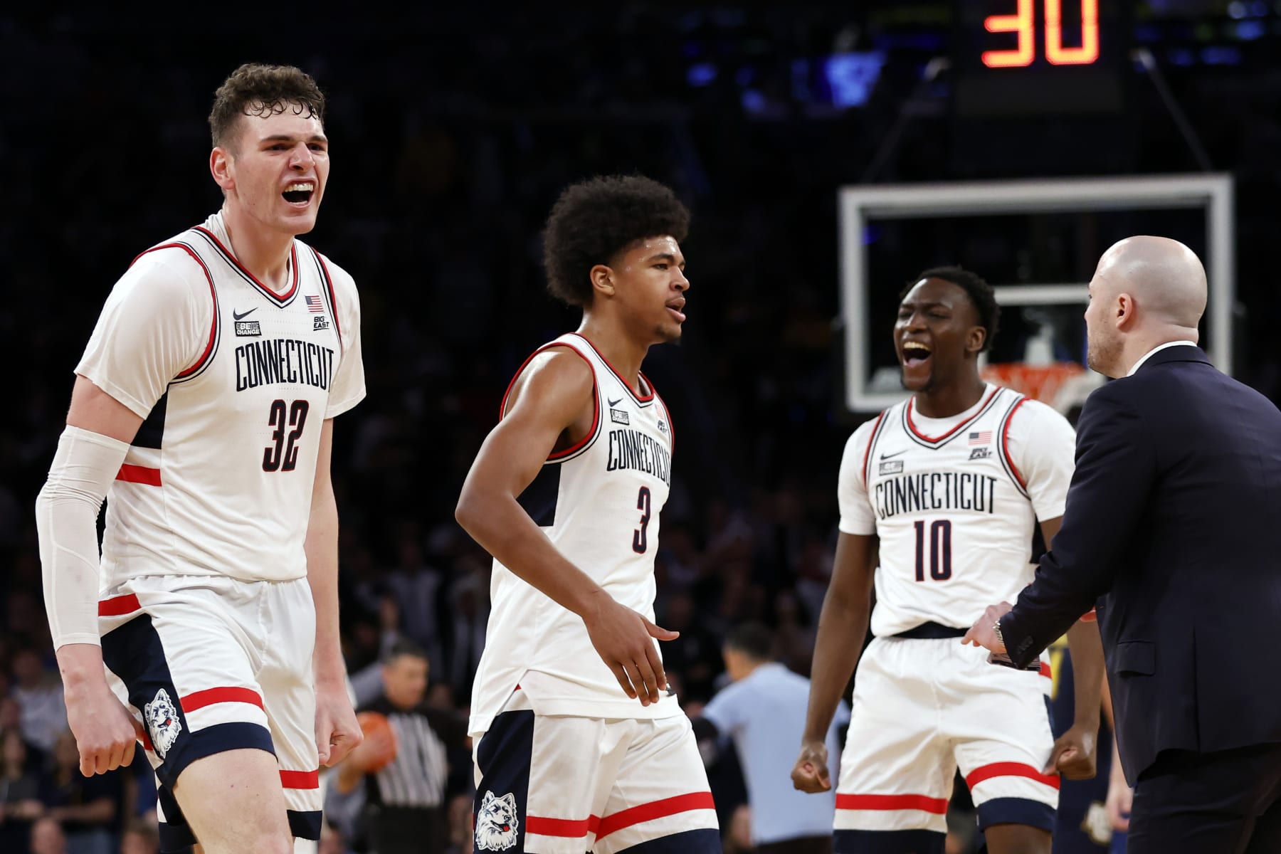 NEW YORK, NEW YORK - MARCH 16: Donovan Clingan #32 of the Connecticut Huskies reacts in the second half against the Marquette Golden Eagles during the Big East Basketball Tournament Final at Madison Square Garden on March 16, 2024 in New York City. The Huskies won 73-57. (Photo by Sarah Stier/Getty Images)
