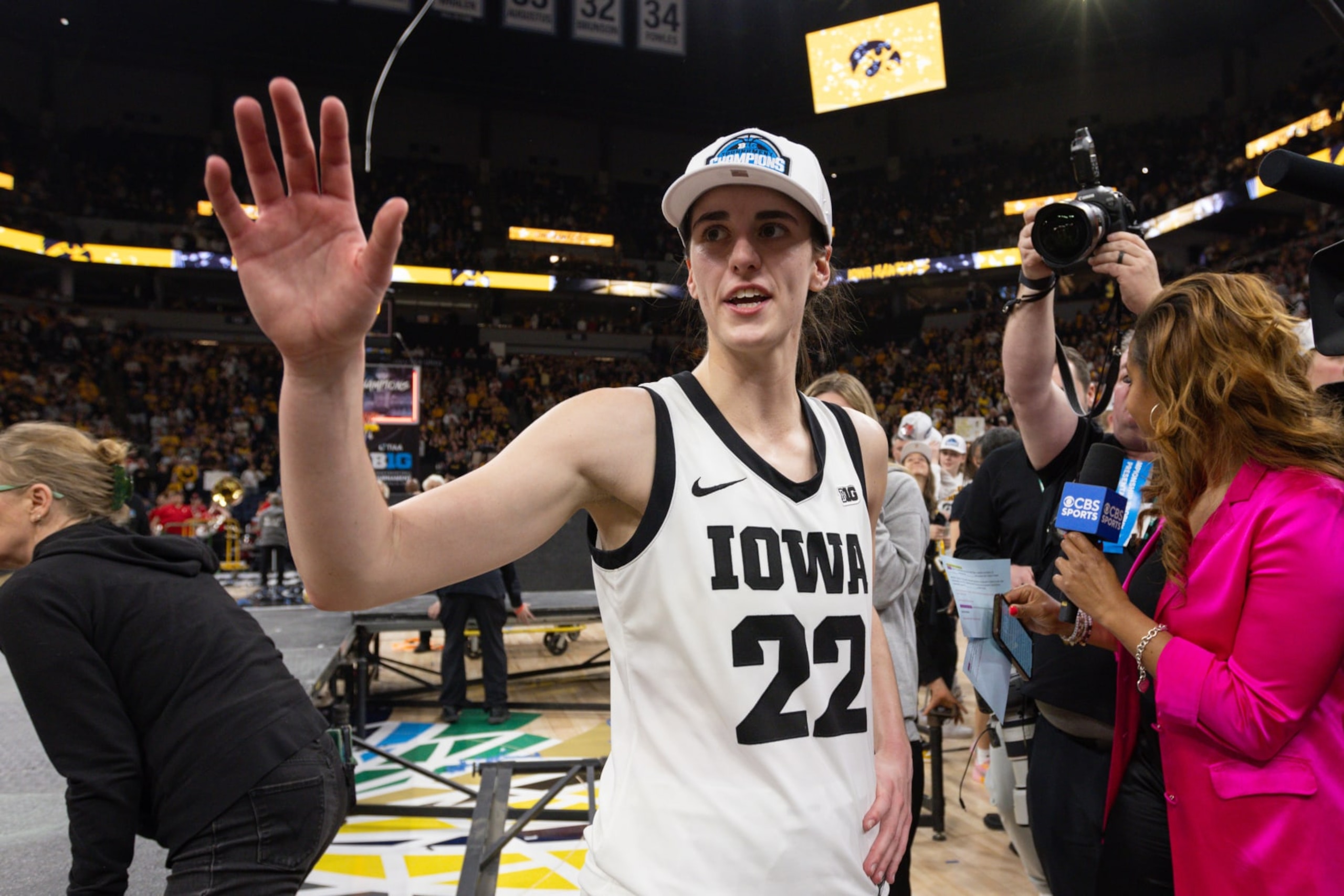 MINNEAPOLIS, MN - MARCH 10: Iowa Hawkeyes guard Caitlin Clark (22) celebrates after the Big Ten Women's Basketball Tournament championship game between the Iowa Hawkeyes and Nebraska Cornhuskers on March 10, 2024, at the the Target Center in Minneapolis, MN. (Photo by Bailey Hillesheim/Icon Sportswire via Getty Images)