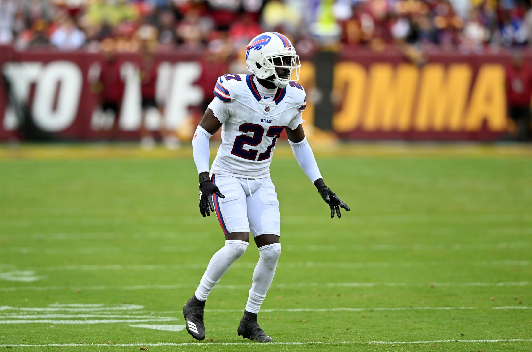 LANDOVER, MARYLAND - SEPTEMBER 24: Tre'Davious White #27 of the Buffalo Bills defends against the Washington Commanders at FedExField on September 24, 2023 in Landover, Maryland. (Photo by G Fiume/Getty Images)