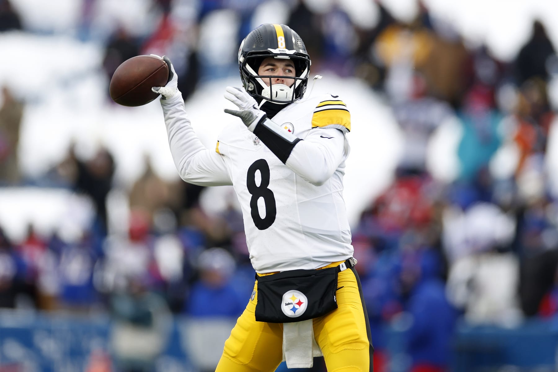 ORCHARD PARK, NEW YORK - JANUARY 15: Kenny Pickett #8 of the Pittsburgh Steelers warms up before the game against the Buffalo Bills at Highmark Stadium on January 15, 2024 in Orchard Park, New York. (Photo by Sarah Stier/Getty Images)