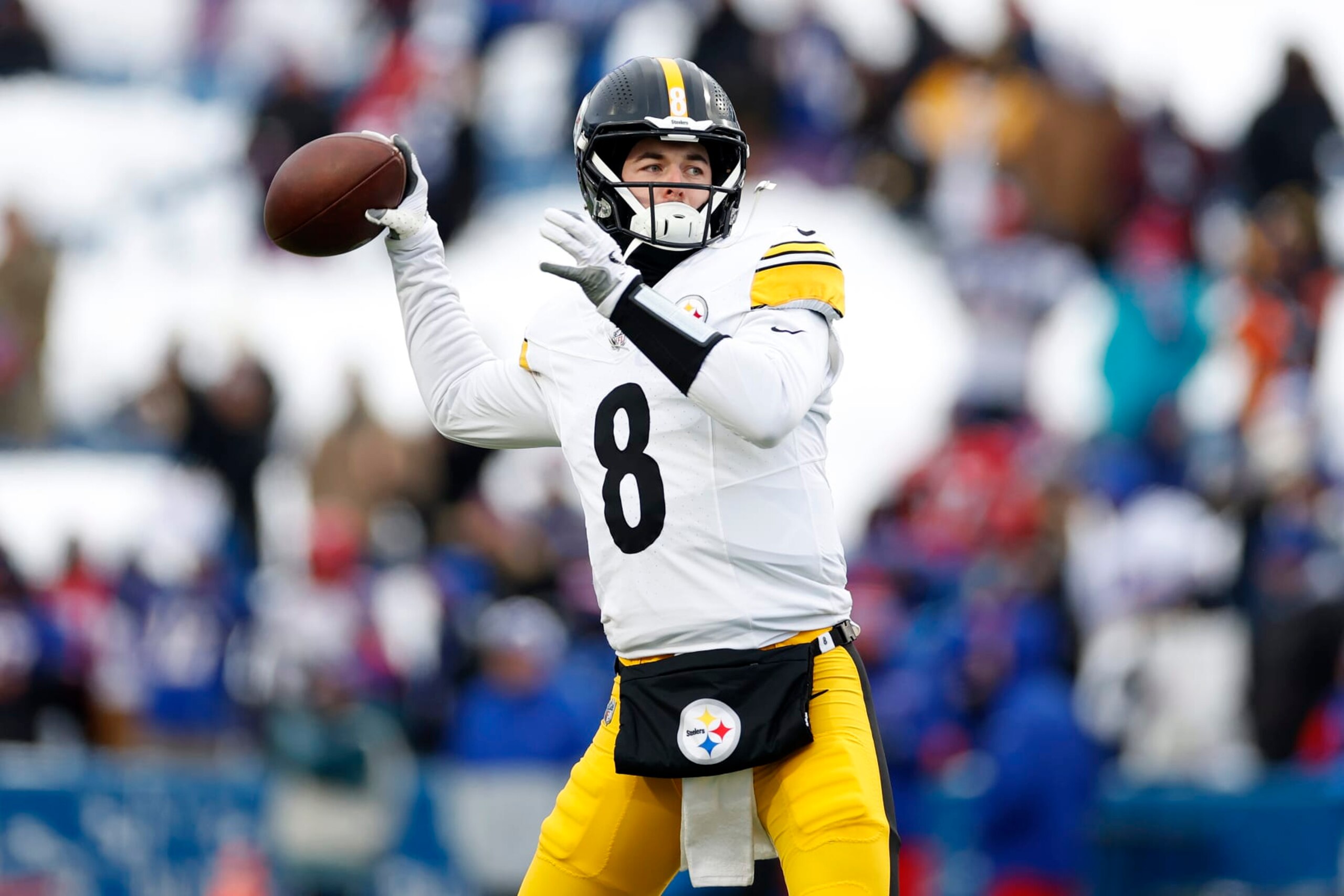 ORCHARD PARK, NEW YORK - JANUARY 15: Kenny Pickett #8 of the Pittsburgh Steelers warms up before the game against the Buffalo Bills at Highmark Stadium on January 15, 2024 in Orchard Park, New York. (Photo by Sarah Stier/Getty Images) ORCHARD PARK, NEW YORK - JANUARY 15: Kenny Pickett #8 of the Pittsburgh Steelers warms up before the game against the Buffalo Bills at Highmark Stadium on January 15, 2024 in Orchard Park, New York. (Photo by Sarah Stier/Getty Images)