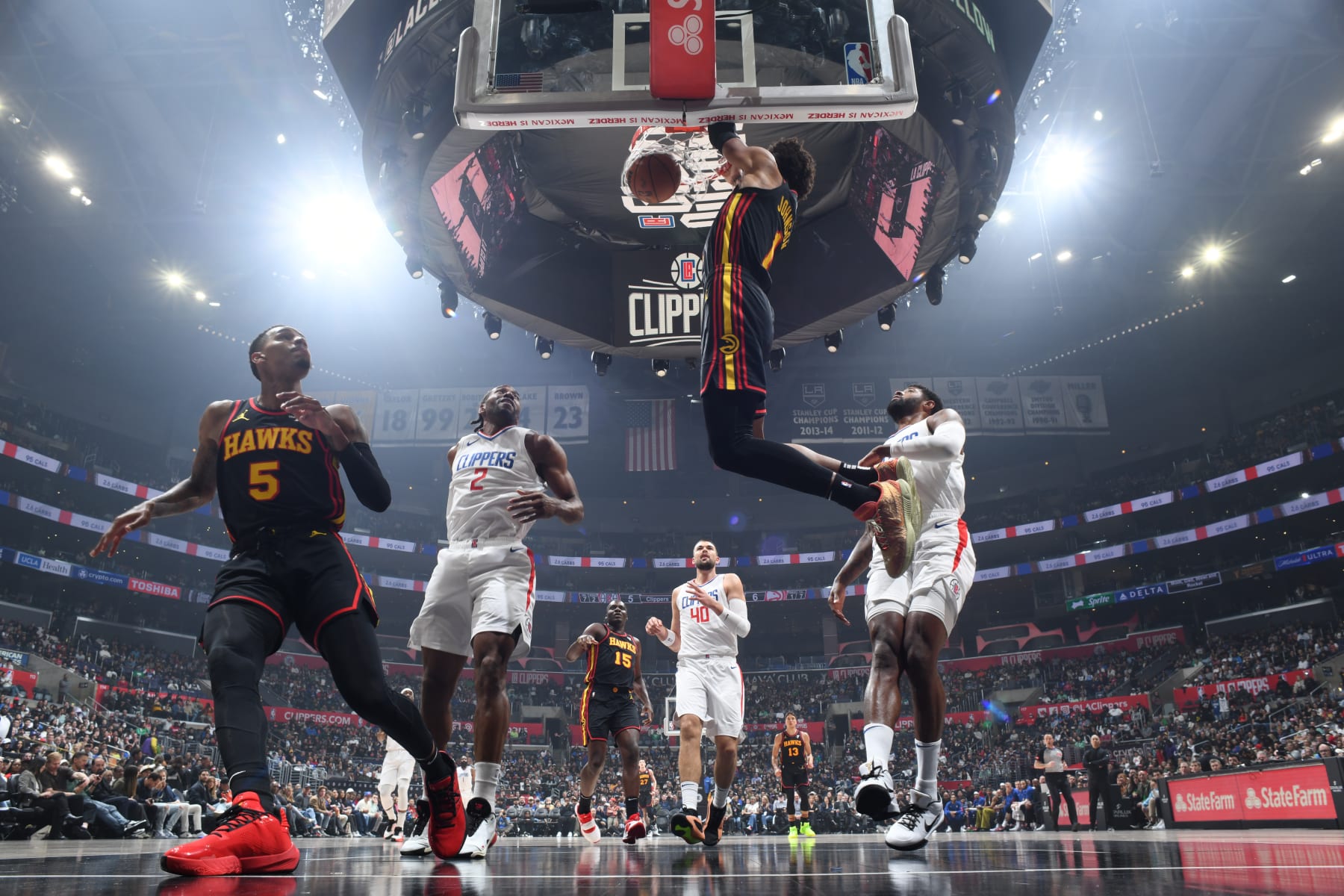 LOS ANGELES, CA - MARCH 17: Jalen Johnson #1 of the Atlanta Hawks dunks the ball during the game against the LA Clippers on March 17, 2024 at Crypto.Com Arena in Los Angeles, California. NOTE TO USER: User expressly acknowledges and agrees that, by downloading and/or using this Photograph, user is consenting to the terms and conditions of the Getty Images License Agreement. Mandatory Copyright Notice: Copyright 2024 NBAE (Photo by Adam Pantozzi/NBAE via Getty Images)