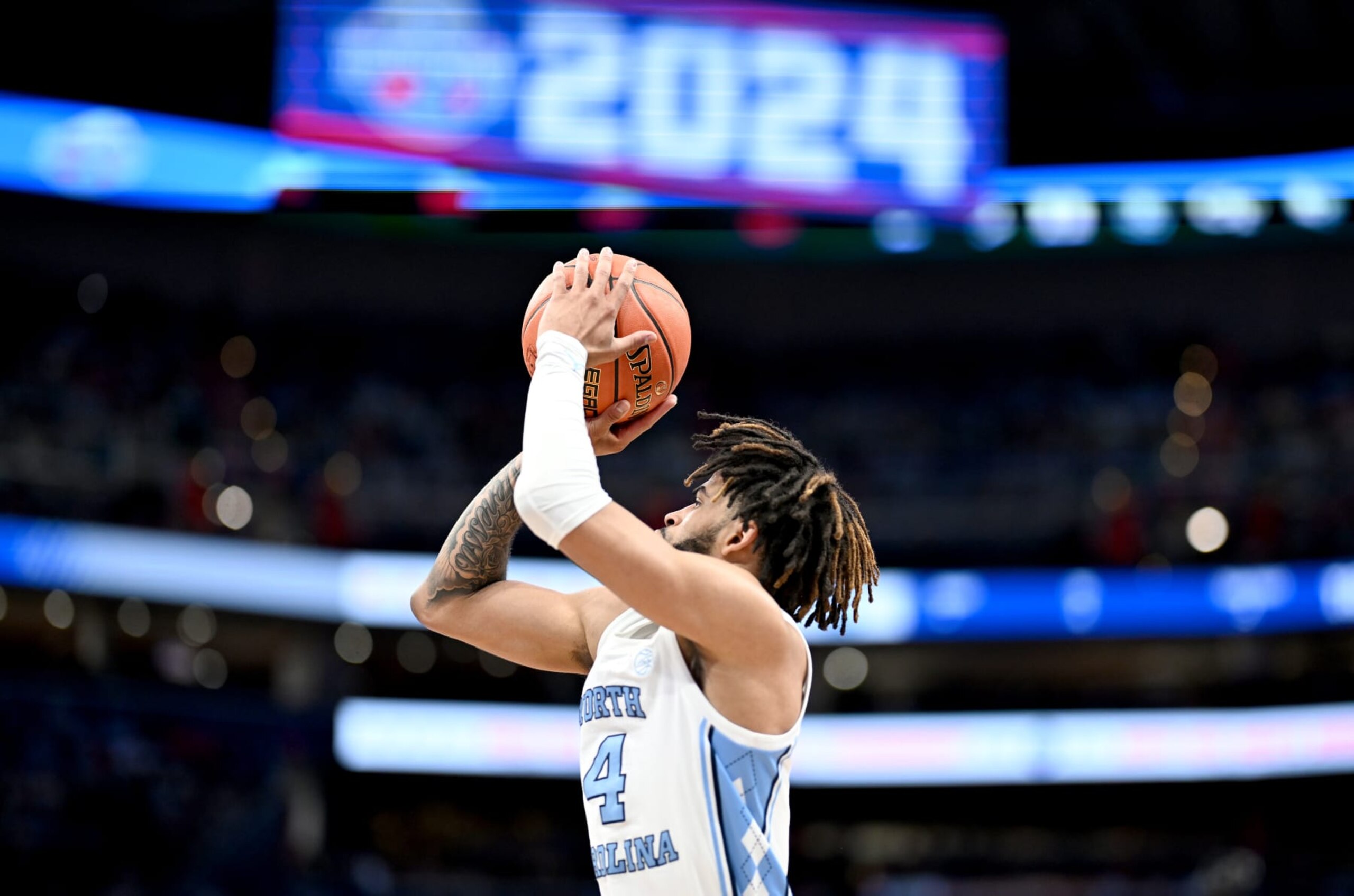 WASHINGTON, DC - MARCH 16: RJ Davis #4 of the North Carolina Tar Heels shoots the ball in the first half against the North Carolina State Wolfpack in the Championship Game of the ACC Men's Basketball Tournament  at Capital One Arena on March 16, 2024 in Washington, DC. (Photo by Greg Fiume/Getty Images)
