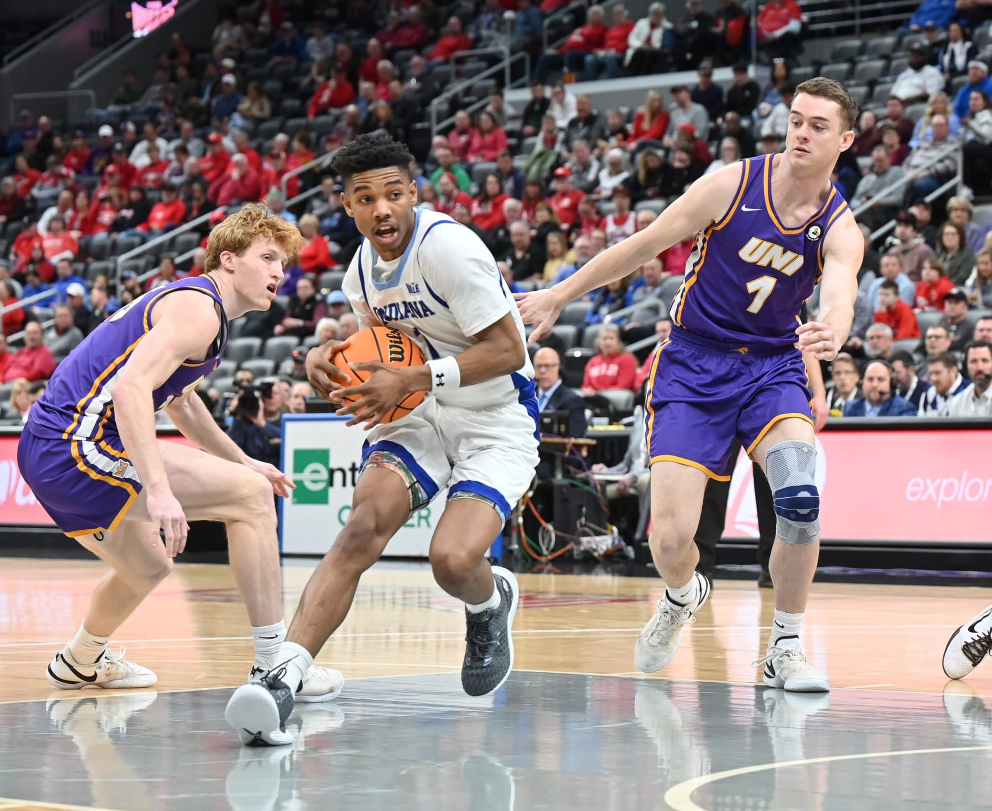 ST. LOUIS, MO - MARCH 09: Indiana State guard Julian Larry (1) drives to the basket as Northern Iowa forward Cole Henry (1) defends during a Missouri Valley Conference Tournament Arch Madness semifinal game between the Indiana State Sycamores and the Northern Iowa Panthers on March 09, 2024, at Enterprise Center in St. Louis, MO. (Photo by Keith Gillett/Icon Sportswire via Getty Images)