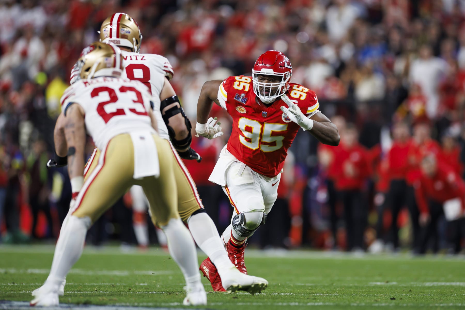 LAS VEGAS, NEVADA - FEBRUARY 11: Chris Jones #95 of the Kansas City Chiefs runs around the edge during Super Bowl LVIII against the San Francisco 49ers at Allegiant Stadium on February 11, 2024 in Las Vegas, Nevada. (Photo by Ryan Kang/Getty Images)