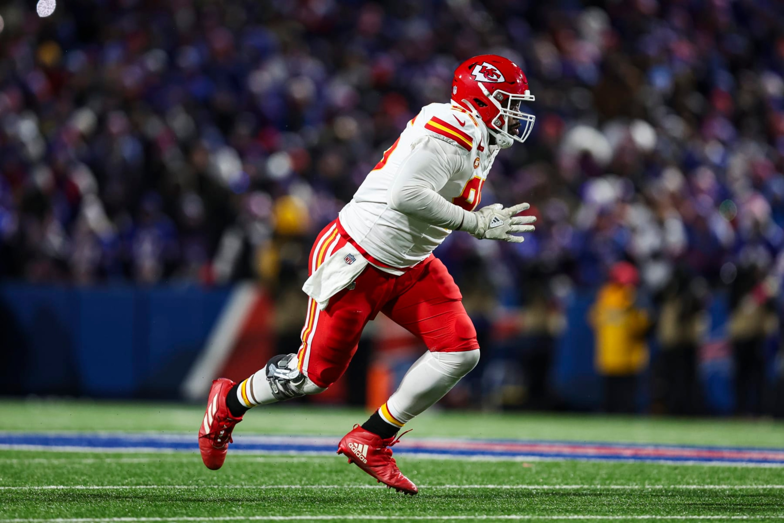 ORCHARD PARK, NY - JANUARY 21: Chris Jones #95 of the Kansas City Chiefs rushes the passer during an NFL divisional round playoff football game against the Buffalo Bills at Highmark Stadium on January 21, 2024 in Orchard Park, New York. (Photo by Perry Knotts/Getty Images)
