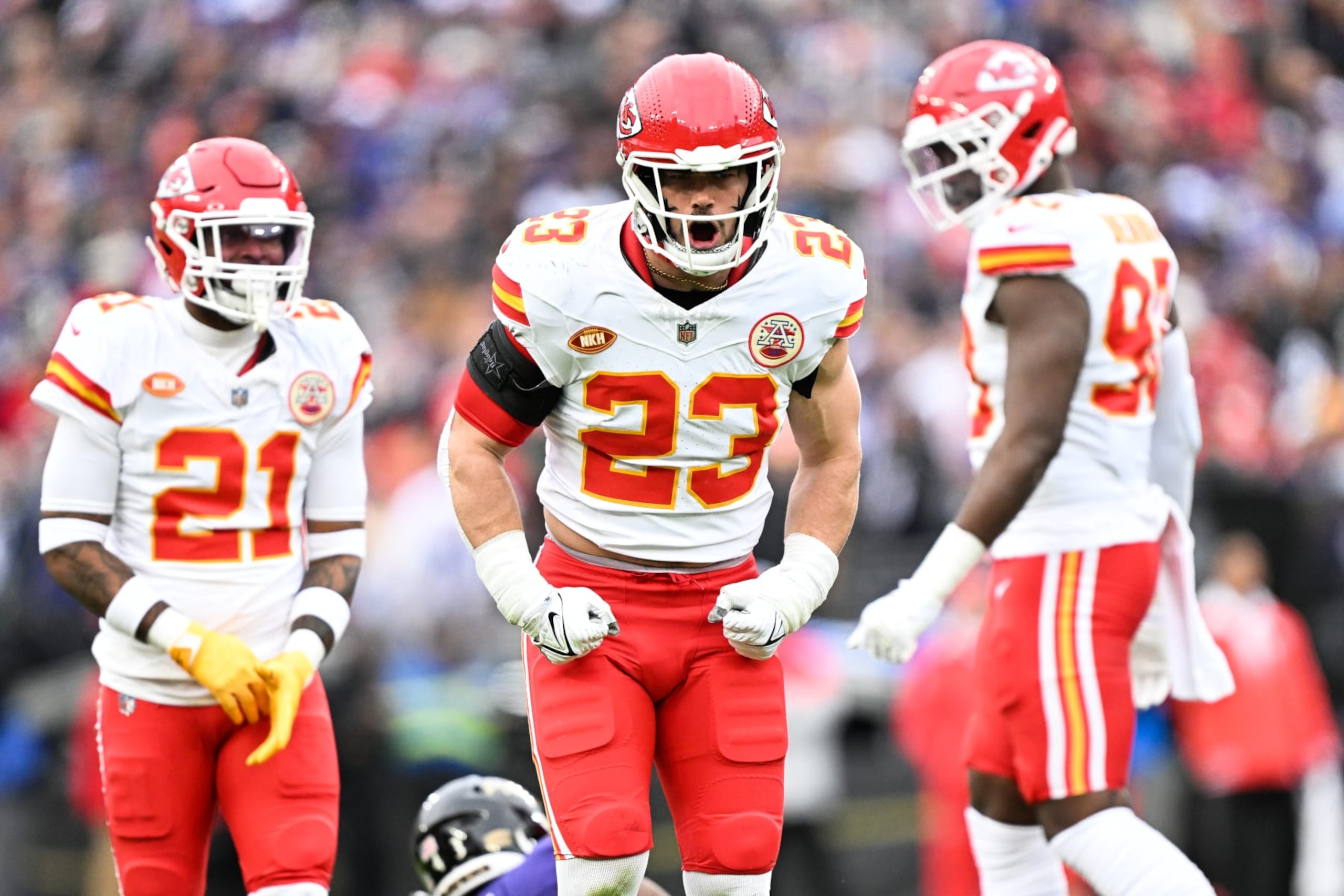 BALTIMORE, MD - JANUARY 28: Drue Tranquill #23 of the Kansas City Chiefs reacts after a defensive stop during the first half of the AFC Championship game against the Baltimore Ravens at M&T Bank Stadium on January 28, 2024 in Baltimore, Maryland. (Photo by Kathryn Riley/Getty Images)