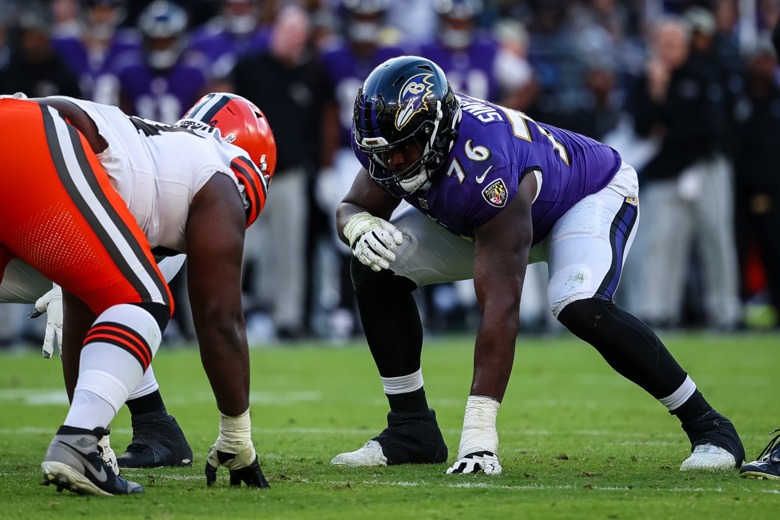 BALTIMORE, MD - NOVEMBER 12: John Simpson #76 of the Baltimore Ravens lines up against the Cleveland Browns during the second half at M&T Bank Stadium on November 12, 2023 in Baltimore, Maryland. (Photo by Scott Taetsch/Getty Images)
