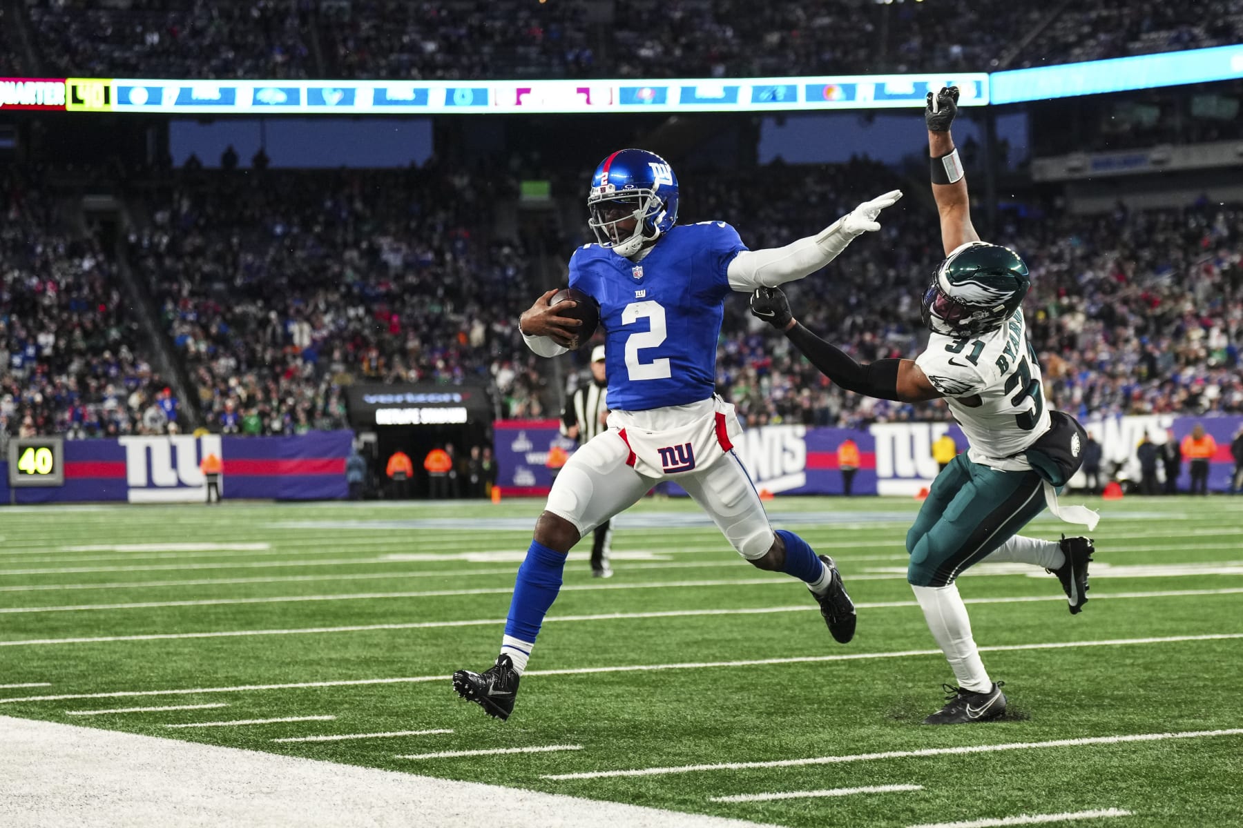 EAST RUTHERFORD, NJ - JANUARY 07: Tyrod Taylor #2 of the New York Giants runs the ball during an NFL football game against the Philadelphia Eagles at MetLife Stadium on January 7, 2024 in East Rutherford, New Jersey. (Photo by Cooper Neill/Getty Images)