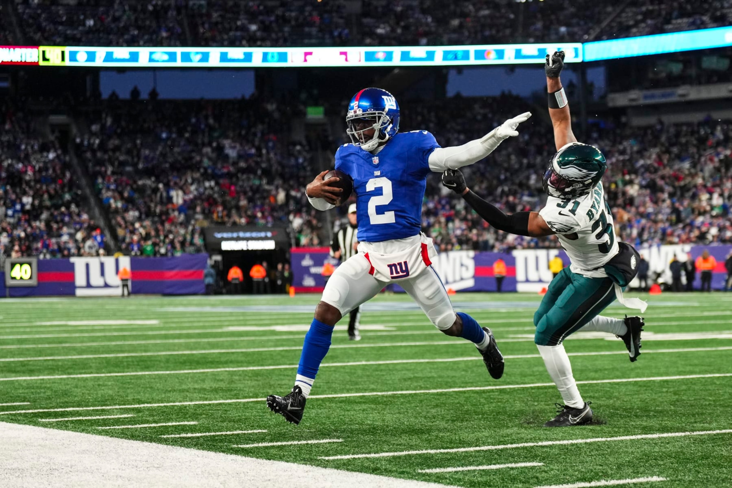 EAST RUTHERFORD, NJ - JANUARY 07: Tyrod Taylor #2 of the New York Giants runs the ball during an NFL football game against the Philadelphia Eagles at MetLife Stadium on January 7, 2024 in East Rutherford, New Jersey. (Photo by Cooper Neill/Getty Images)