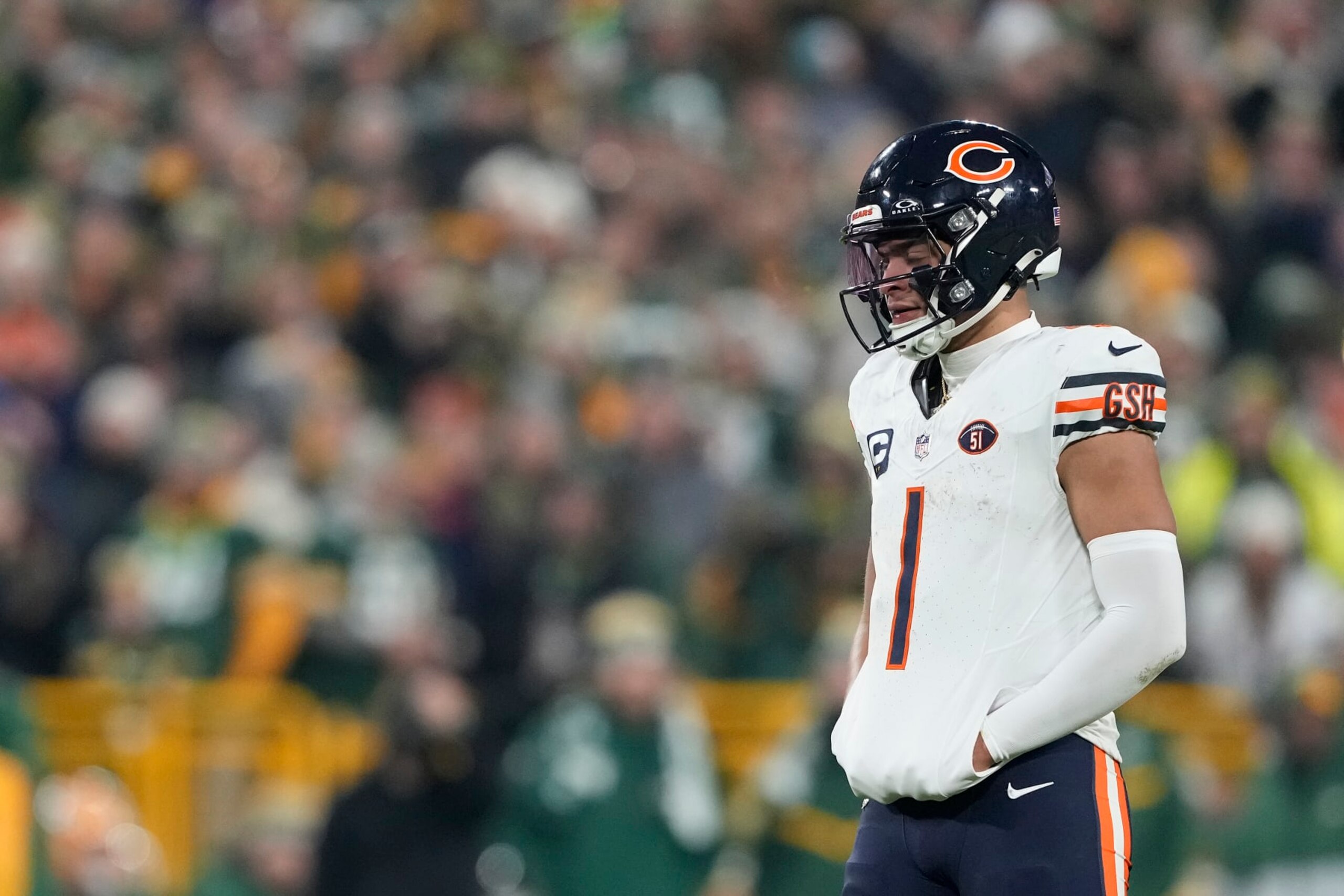GREEN BAY, WISCONSIN - JANUARY 07: Justin Fields #1 of the Chicago Bears looks on in the first half against the Green Bay Packers at Lambeau Field on January 07, 2024 in Green Bay, Wisconsin. (Photo by Patrick McDermott/Getty Images) GREEN BAY, WISCONSIN - JANUARY 07: Justin Fields #1 of the Chicago Bears looks on in the first half against the Green Bay Packers at Lambeau Field on January 07, 2024 in Green Bay, Wisconsin. (Photo by Patrick McDermott/Getty Images)