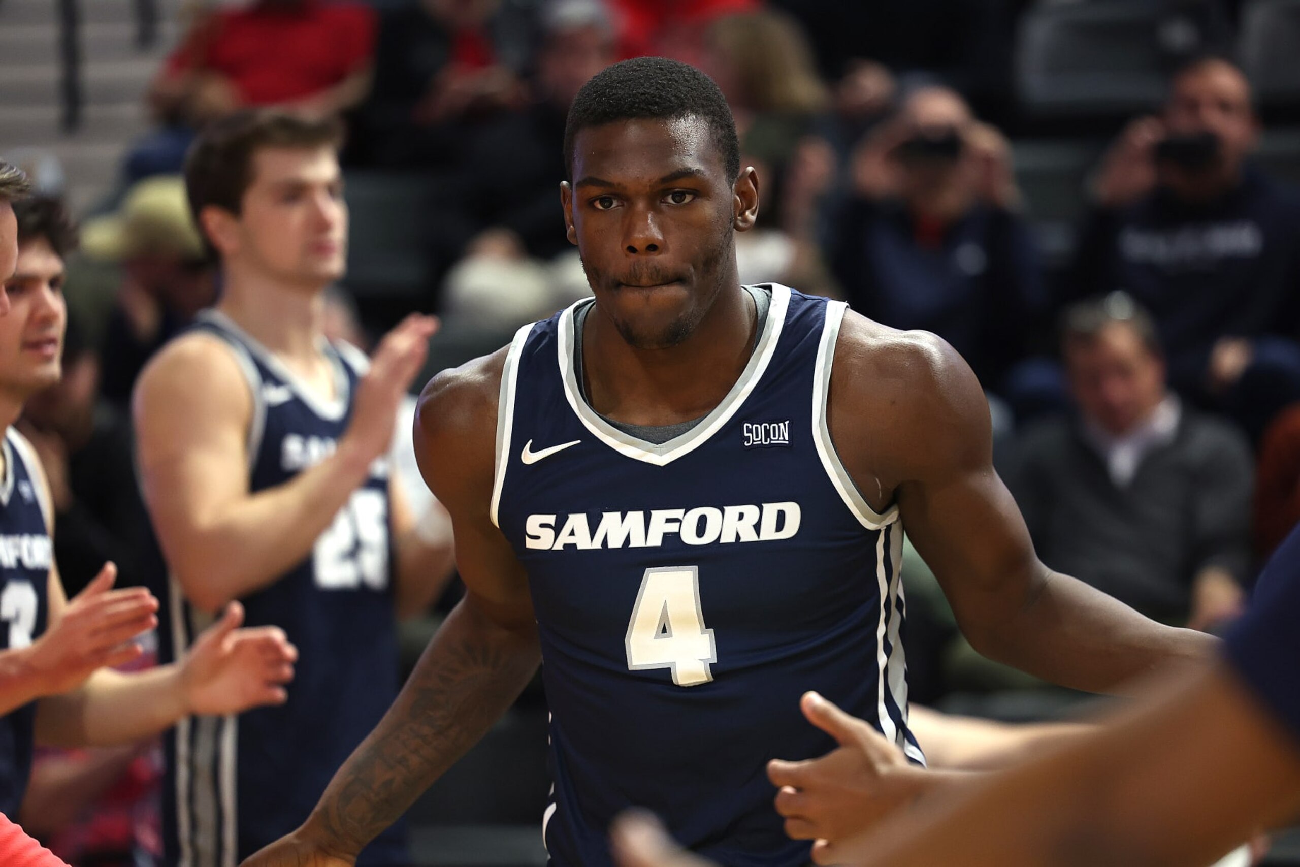 SPARTANBURG, SC - FEBRUARY 28: Samford Bulldogs forward Jermaine Marshall (4) during a college basketball game between the Samford Bulldogs and the Wofford Terriers on February 28, 2024 at Jerry Richardson Indoor Stadium in Spartanburg, S.C. (Photo by John Byrum/Icon Sportswire via Getty Images) SPARTANBURG, SC - FEBRUARY 28: Samford Bulldogs forward Jermaine Marshall (4) during a college basketball game between the Samford Bulldogs and the Wofford Terriers on February 28, 2024 at Jerry Richardson Indoor Stadium in Spartanburg, S.C. (Photo by John Byrum/Icon Sportswire via Getty Images)