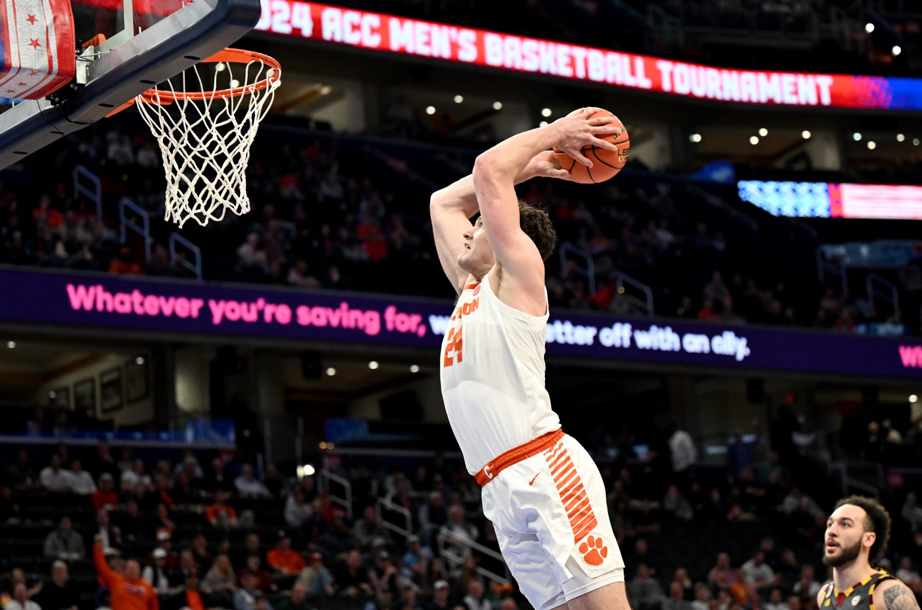 WASHINGTON, DC - MARCH 13: PJ Hall #24 of the Clemson Tigers dunks the ball in the first half against the Boston College Eagles in the Second Round of the ACC Men's Basketball Tournament  at Capital One Arena on March 13, 2024 in Washington, DC.  (Photo by Greg Fiume/Getty Images)