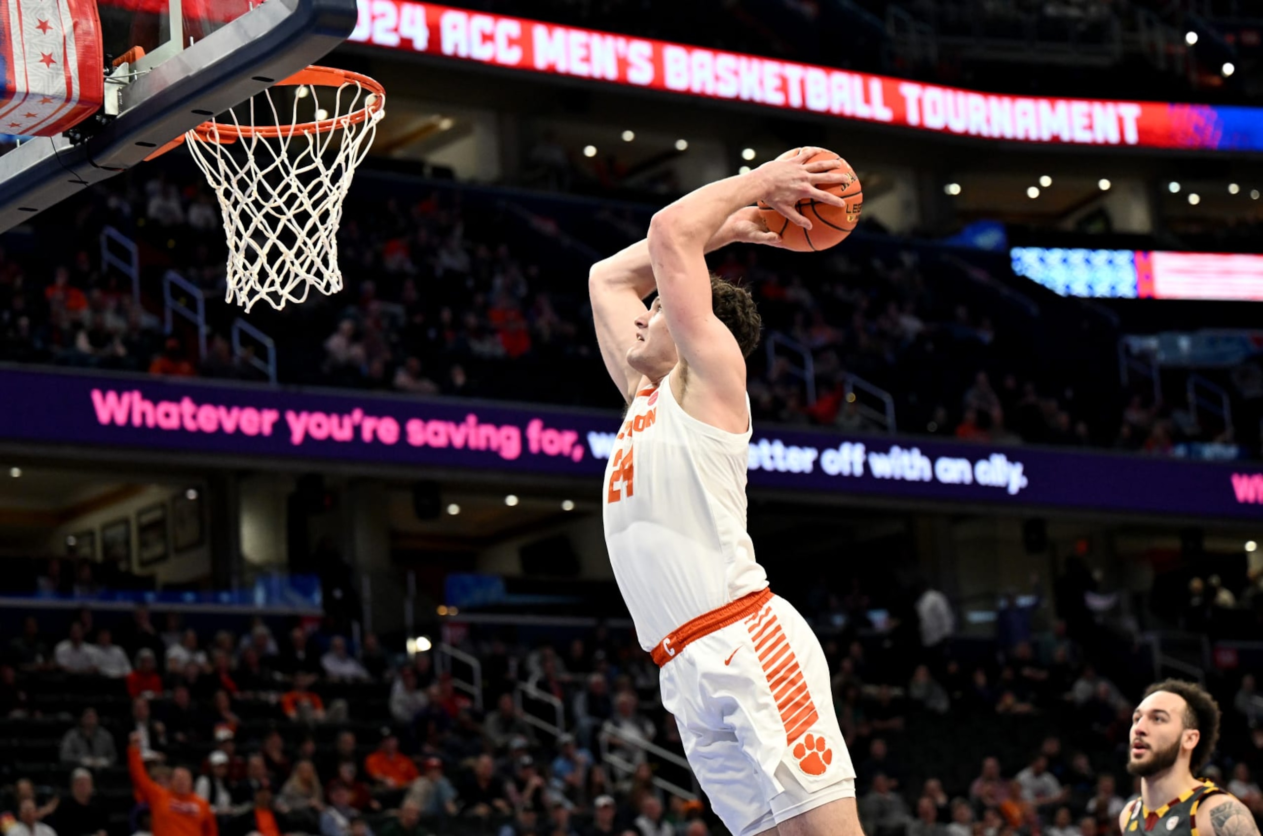 WASHINGTON, DC - MARCH 13: PJ Hall #24 of the Clemson Tigers dunks the ball in the first half against the Boston College Eagles in the Second Round of the ACC Men's Basketball Tournament at Capital One Arena on March 13, 2024 in Washington, DC. (Photo by Greg Fiume/Getty Images) WASHINGTON, DC - MARCH 13: PJ Hall #24 of the Clemson Tigers dunks the ball in the first half against the Boston College Eagles in the Second Round of the ACC Men's Basketball Tournament at Capital One Arena on March 13, 2024 in Washington, DC. (Photo by Greg Fiume/Getty Images)