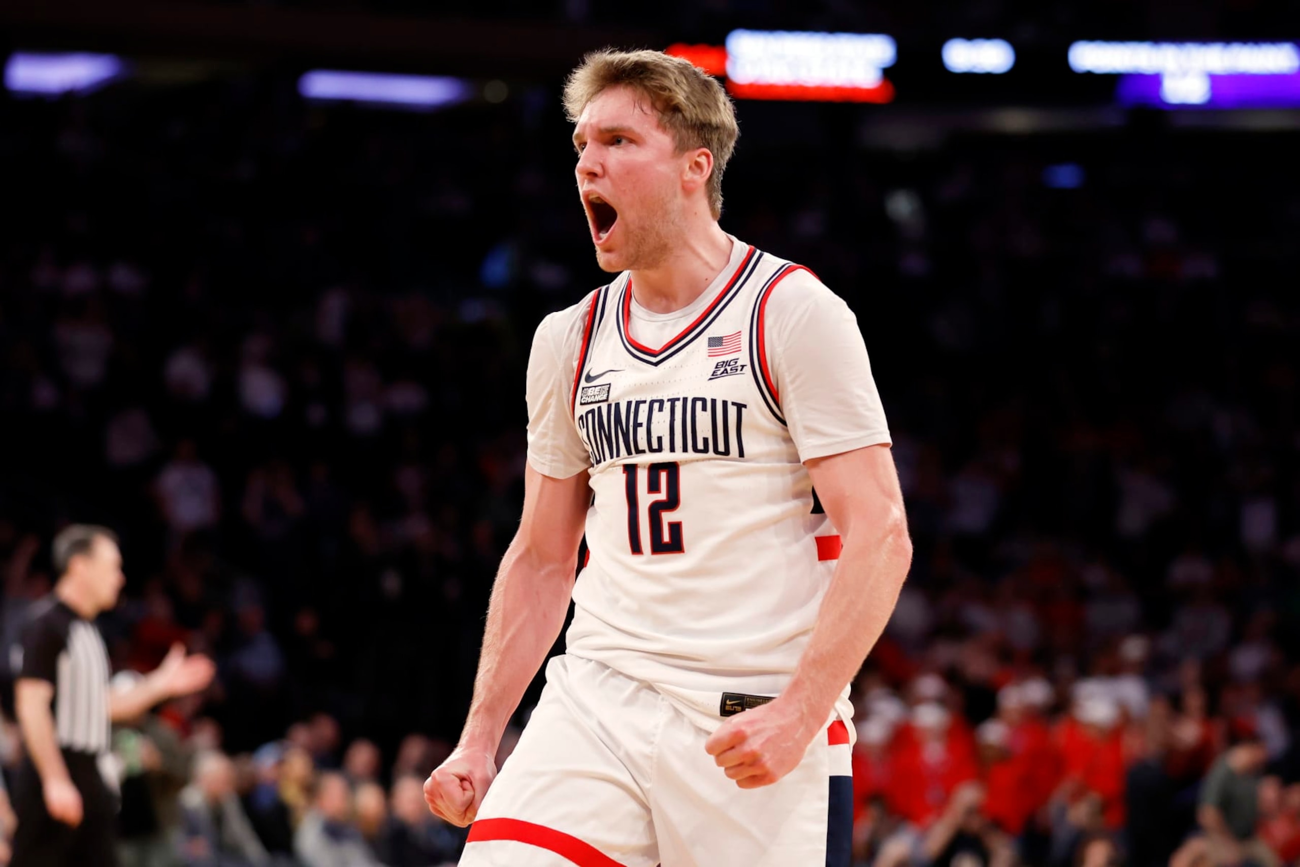 NEW YORK, NEW YORK - MARCH 15: Cam Spencer #12 of the Connecticut Huskies reacts in the first half against the St. John's Red Storm during the Semifinal round of the Big East Basketball Tournament at Madison Square Garden on March 15, 2024 in New York City. (Photo by Sarah Stier/Getty Images) NEW YORK, NEW YORK - MARCH 15: Cam Spencer #12 of the Connecticut Huskies reacts in the first half against the St. John's Red Storm during the Semifinal round of the Big East Basketball Tournament at Madison Square Garden on March 15, 2024 in New York City. (Photo by Sarah Stier/Getty Images)
