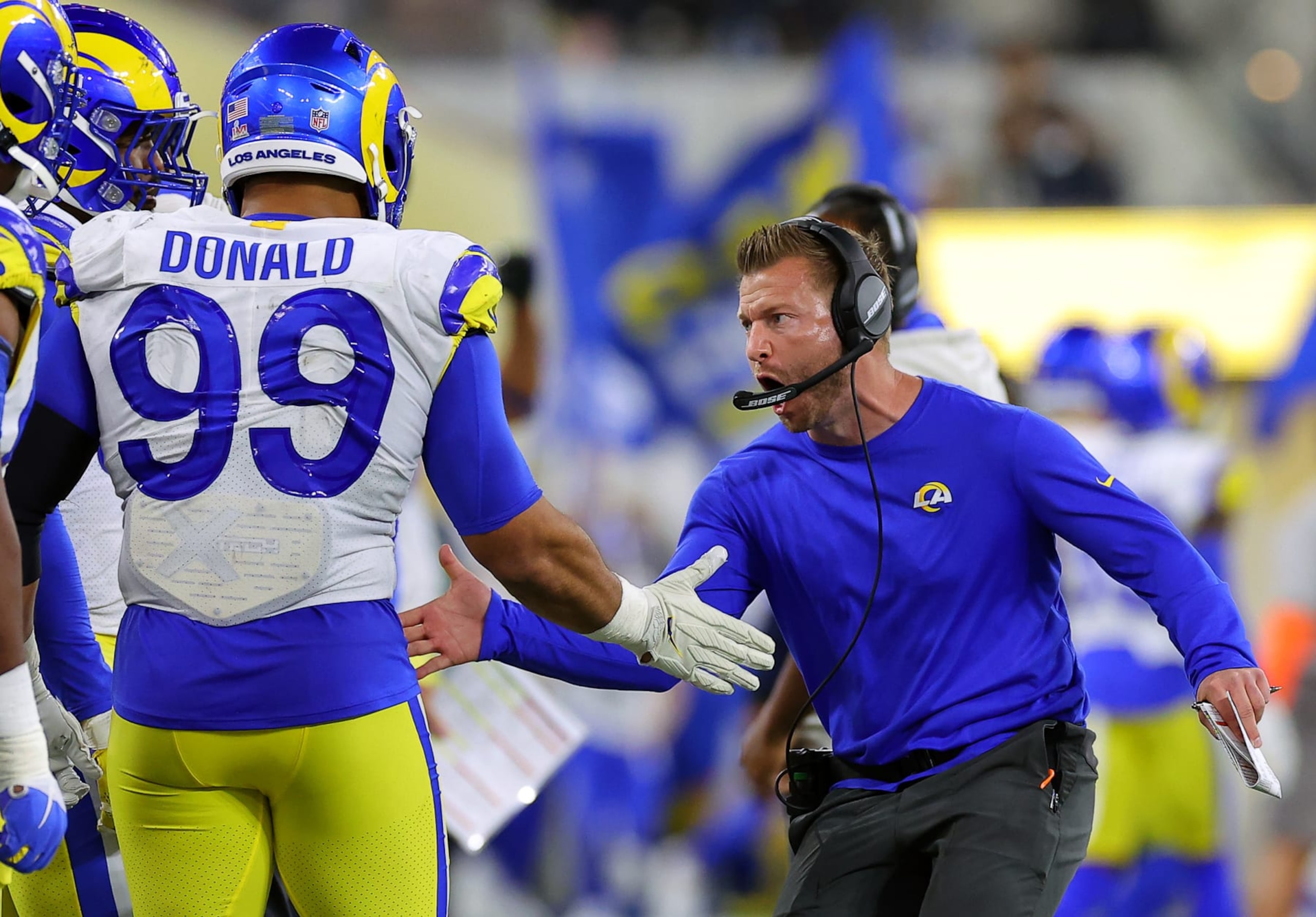 INGLEWOOD, CALIFORNIA - FEBRUARY 13: Head coach Sean McVay of the Los Angeles Rams reacts with Aaron Donald #99 during the second half of Super Bowl LVI at SoFi Stadium on February 13, 2022 in Inglewood, California. The Los Angeles Rams defeated the Cincinnati Bengals 23-20.  (Photo by Kevin C. Cox/Getty Images)