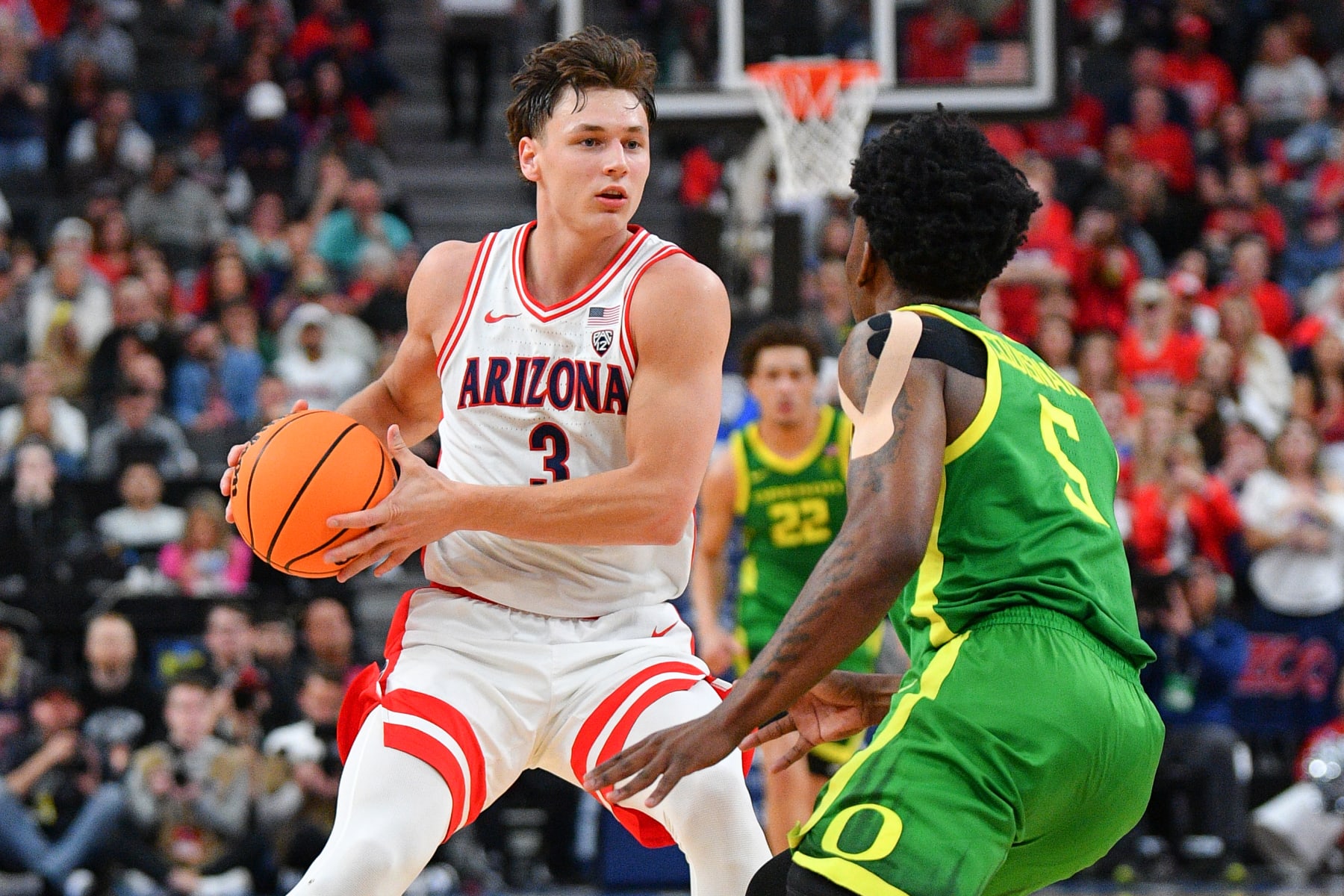 LAS VEGAS, NV - MARCH 15: Arizona Wildcats guard Pelle Larsson (3) drives to the basket during the semifinal game of the men's Pac-12 Tournament  between the Oregon Ducks and the Arizona Wildcats on March 15, 2024, at the T-Mobile Arena in Las Vegas, NV. (Photo by Brian Rothmuller/Icon Sportswire via Getty Images)