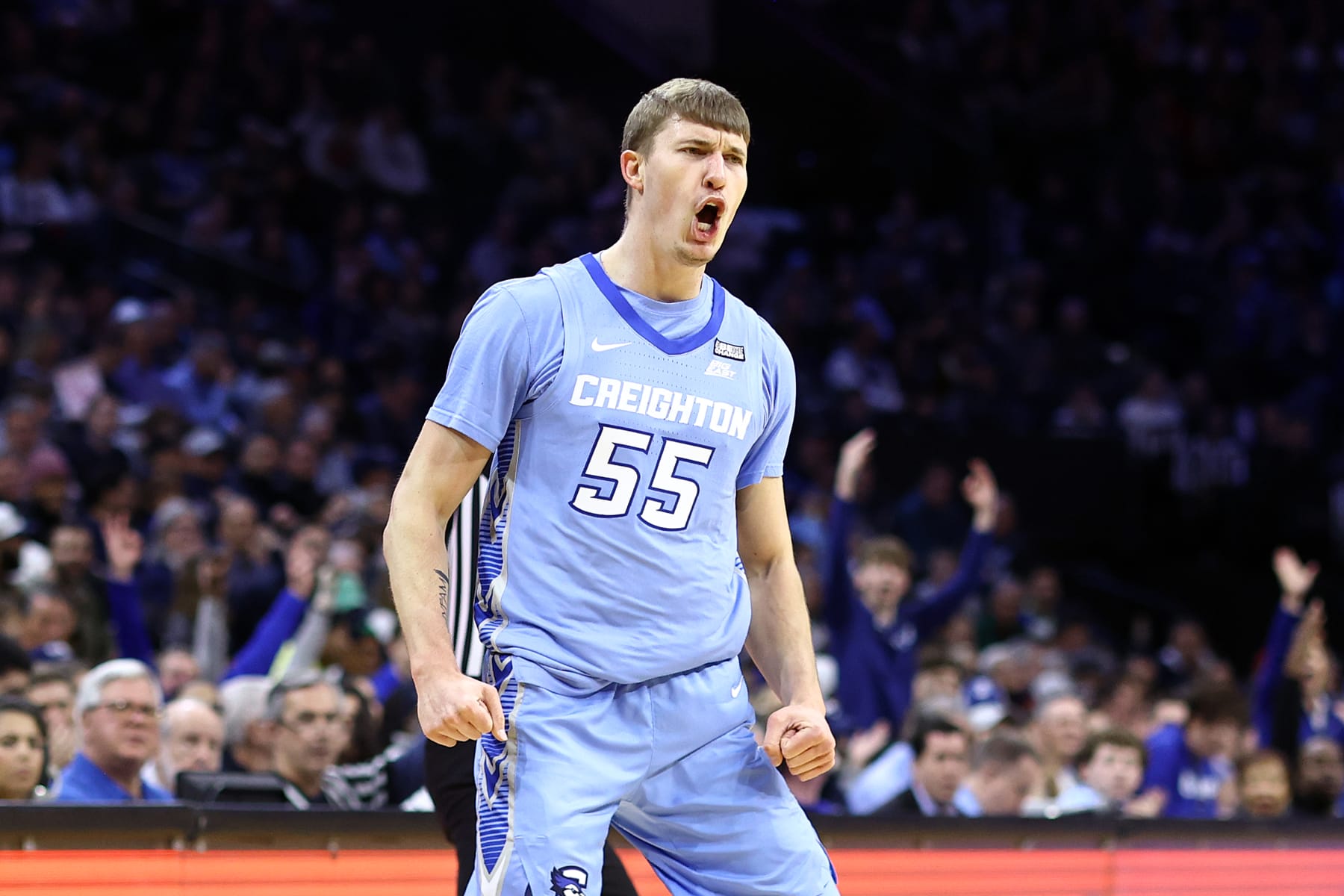 PHILADELPHIA, PENNSYLVANIA - MARCH 09: Baylor Scheierman #55 of the Creighton Bluejays reacts during the first half against the Villanova Wildcats at the Wells Fargo Center on March 09, 2024 in Philadelphia, Pennsylvania. (Photo by Tim Nwachukwu/Getty Images)