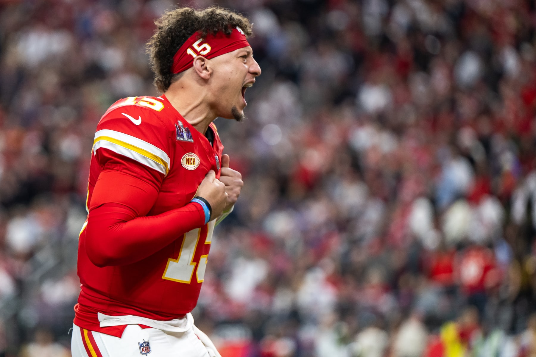 LAS VEGAS, NEVADA - FEBRUARY 11: Quarterback Patrick Mahomes #15 of the Kansas City Chiefs reacts prior to Super Bowl LVIII against the San Francisco 49ers at Allegiant Stadium on February 11, 2024 in Las Vegas, Nevada. (Photo by Luke Hales/Getty Images)