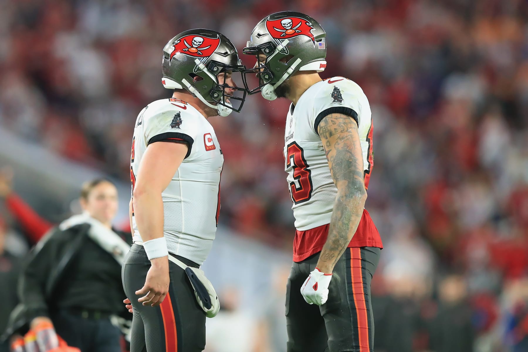 TAMPA, FL - DECEMBER 03: Tampa Bay Buccaneers Quarterback Baker Mayfield (6) celebrates a touchdown with Wide Receiver Mike Evans (13) during the regular season game between the Carolina Panthers and the Tampa Bay Buccaneers on December 03, 2023 at Raymond James Stadium in Tampa, Florida. (Photo by Cliff Welch/Icon Sportswire via Getty Images)
