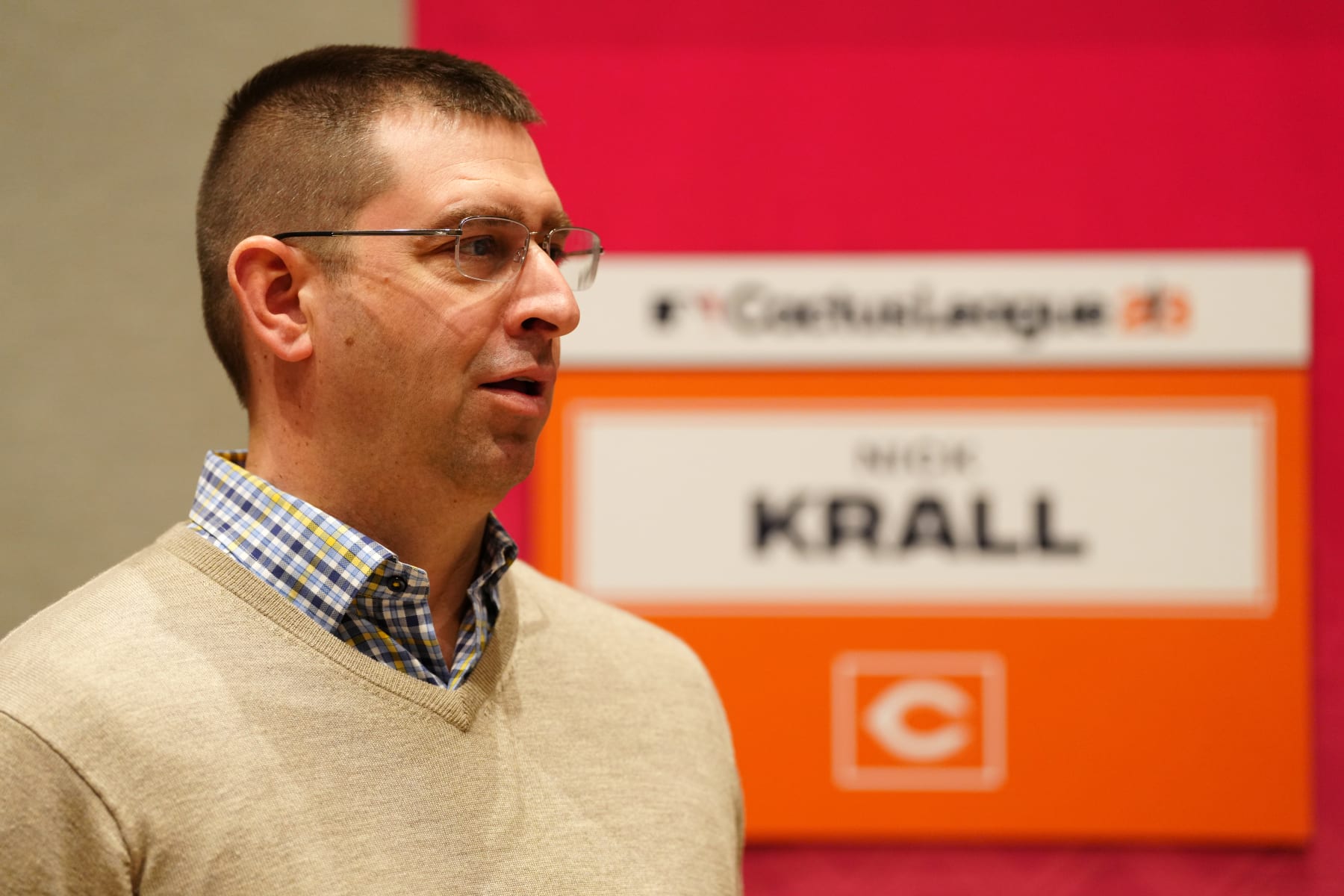 PHOENIX, AZ - FEBRUARY 15: Nick Krall, General Manager of the Cincinnati Reds, speaks to the media during the Spring Training Cactus League Media Day at Arizona Biltmore on Wednesday, February 15, 2023 in Phoenix, Arizona. (Photo by Daniel Shirey/MLB Photos via Getty Images)