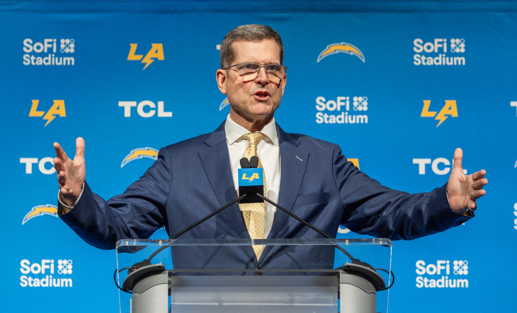 INGLEWOOD, CA - FEBRUARY 01: New Los Angeles Chargers Head Coach Jim Harbaugh speaks during his introductory press conference at YouTube Theater in Inglewood Thursday, Feb. 1, 2024. (Allen J. Schaben / Los Angeles Times via Getty Images)
