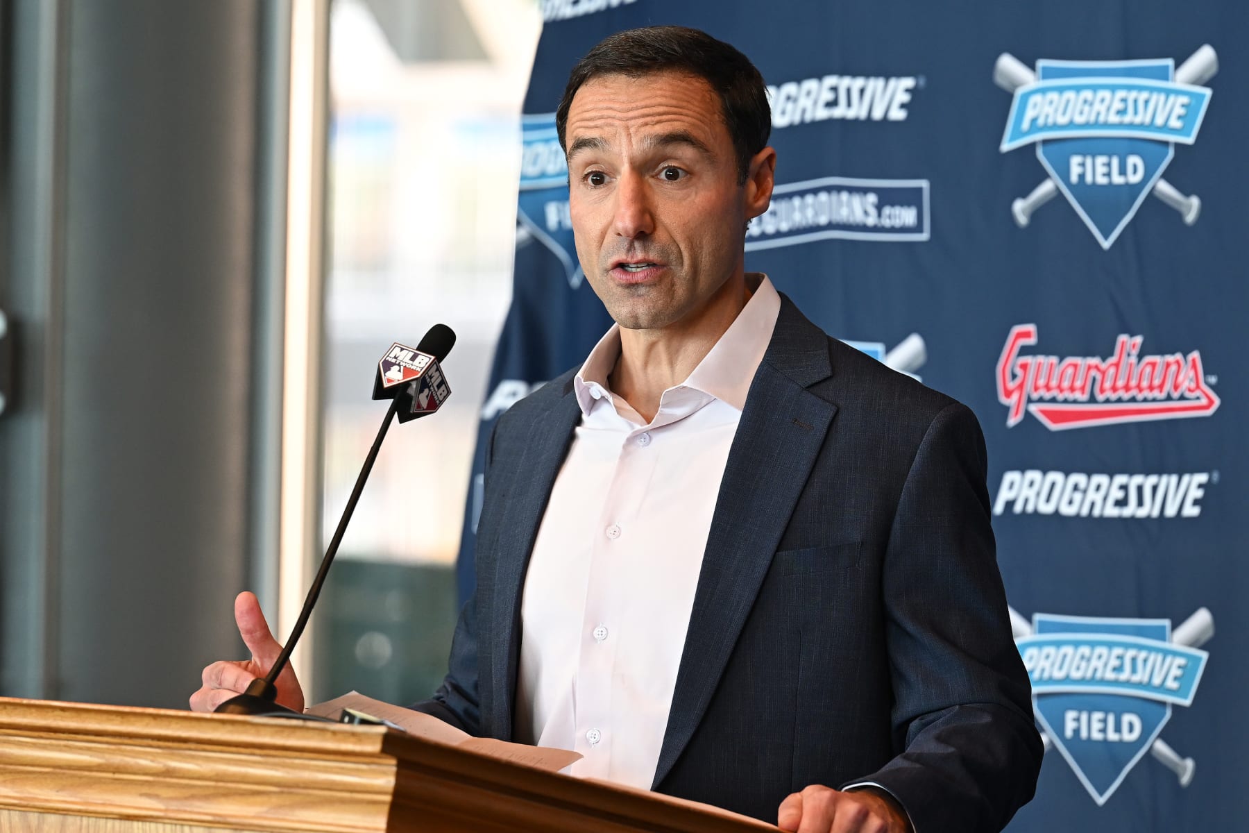 CLEVELAND, OHIO - NOVEMBER 10: President of baseball operations Chris Antonetti of the Cleveland guardians speaks prior to introducing Stephen Vogt as the 45th Manager of the Cleveland Guardians at Progressive Field on November 10, 2023 in Cleveland, Ohio. (Photo by Jason Miller/Getty Images)