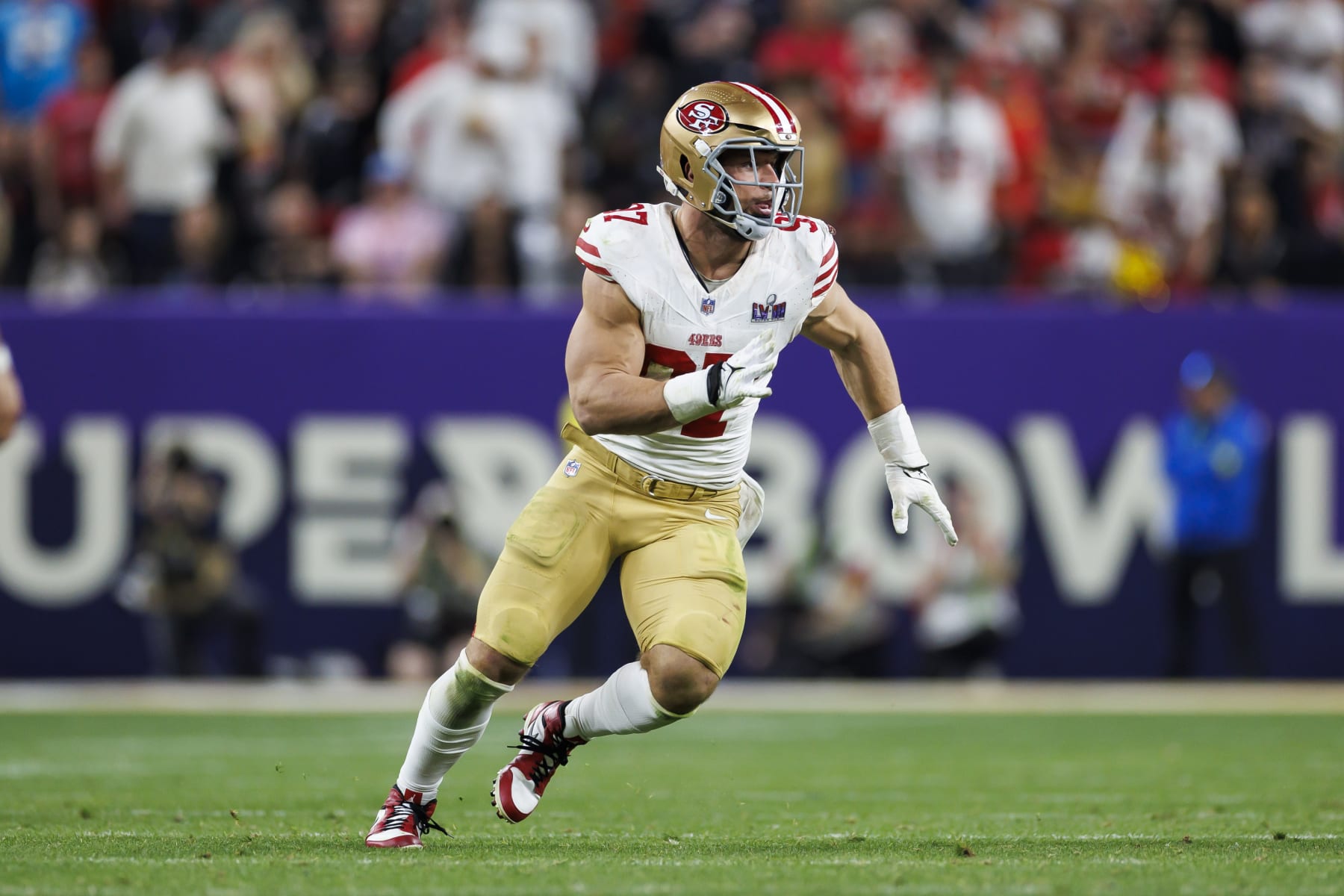 LAS VEGAS, NEVADA - FEBRUARY 11: Nick Bosa #97 of the San Francisco 49ers runs around the edge during Super Bowl LVIII against the Kansas City Chiefs at Allegiant Stadium on February 11, 2024 in Las Vegas, Nevada. (Photo by Ryan Kang/Getty Images)