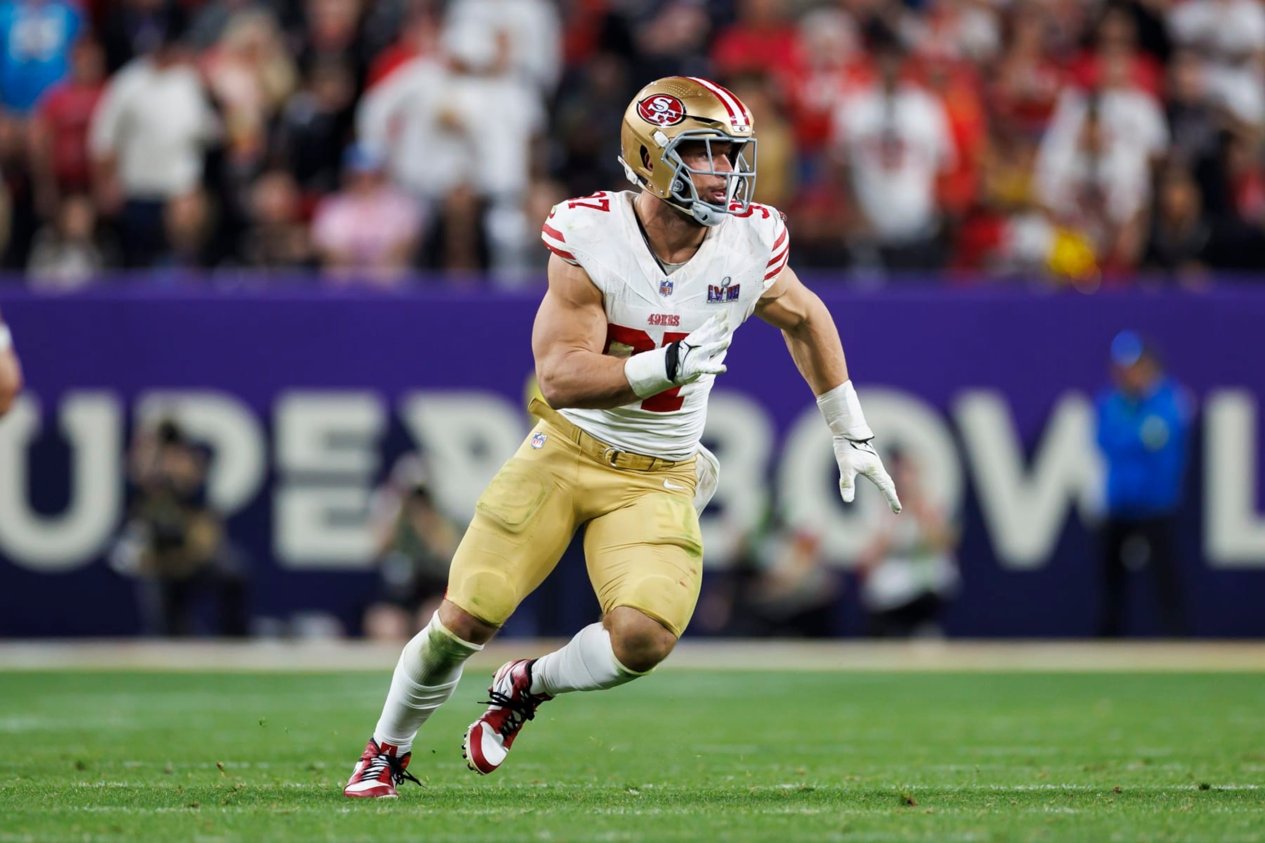 LAS VEGAS, NEVADA - FEBRUARY 11: Nick Bosa #97 of the San Francisco 49ers runs around the edge during Super Bowl LVIII against the Kansas City Chiefs at Allegiant Stadium on February 11, 2024 in Las Vegas, Nevada. (Photo by Ryan Kang/Getty Images) LAS VEGAS, NEVADA - FEBRUARY 11: Nick Bosa #97 of the San Francisco 49ers runs around the edge during Super Bowl LVIII against the Kansas City Chiefs at Allegiant Stadium on February 11, 2024 in Las Vegas, Nevada. (Photo by Ryan Kang/Getty Images)