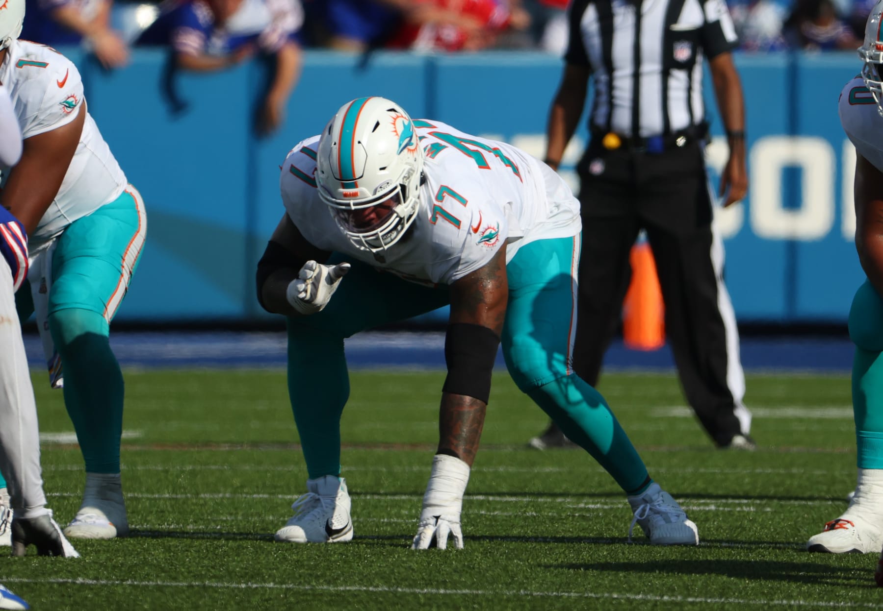 ORCHARD PARK, NEW YORK - OCTOBER 1: Isaiah Wynn #77 of the Miami Dolphins on the field against the Buffalo Bills at Highmark Stadium on October 1, 2023 in Orchard Park, New York. (Photo by Timothy T Ludwig/Getty Images) ORCHARD PARK, NEW YORK - OCTOBER 1: Isaiah Wynn #77 of the Miami Dolphins on the field against the Buffalo Bills at Highmark Stadium on October 1, 2023 in Orchard Park, New York. (Photo by Timothy T Ludwig/Getty Images)