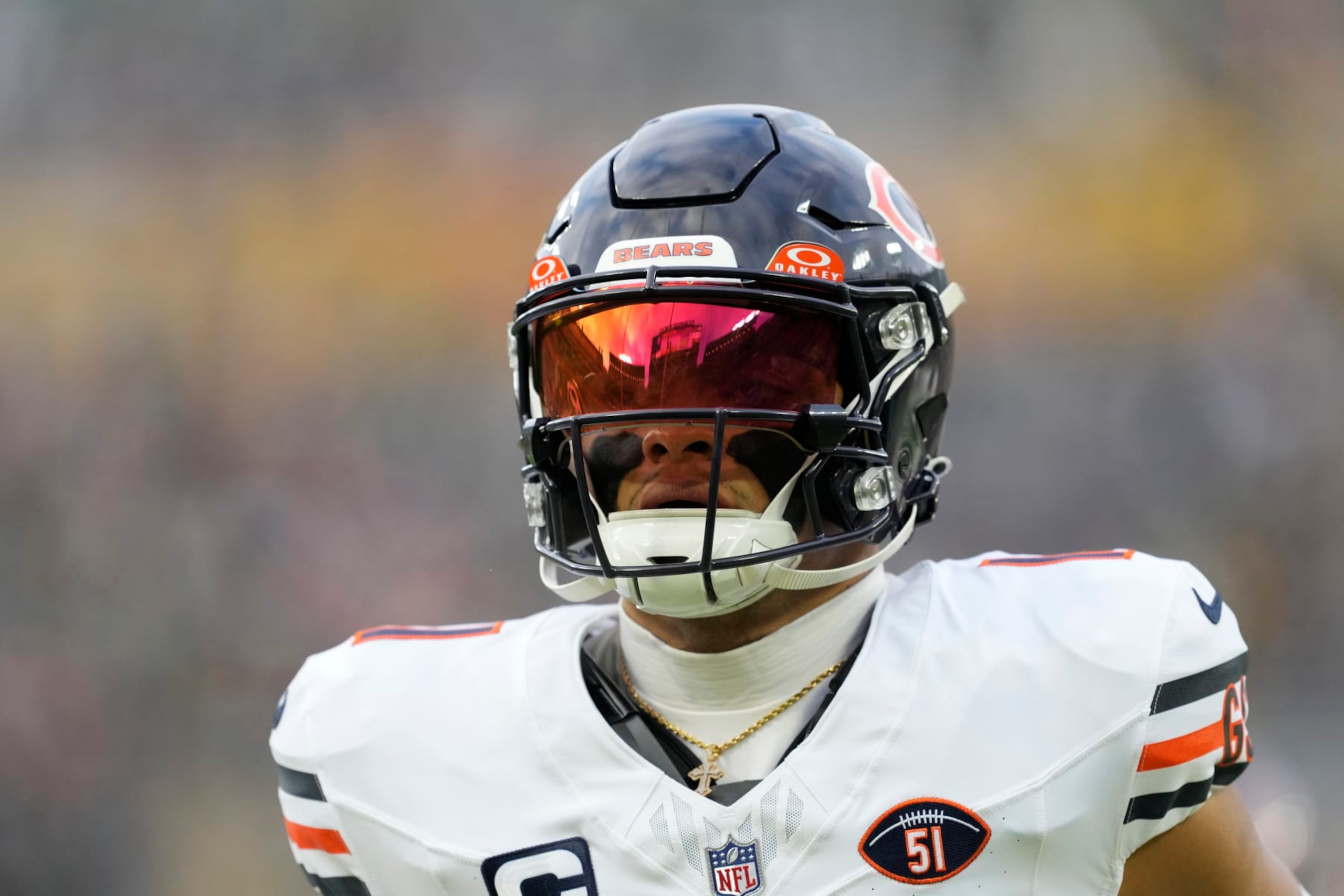 GREEN BAY, WISCONSIN - JANUARY 07: Justin Fields #1 of the Chicago Bears warms up before a game against the Green Bay Packers at Lambeau Field on January 07, 2024 in Green Bay, Wisconsin. (Photo by Patrick McDermott/Getty Images) GREEN BAY, WISCONSIN - JANUARY 07: Justin Fields #1 of the Chicago Bears warms up before a game against the Green Bay Packers at Lambeau Field on January 07, 2024 in Green Bay, Wisconsin. (Photo by Patrick McDermott/Getty Images)