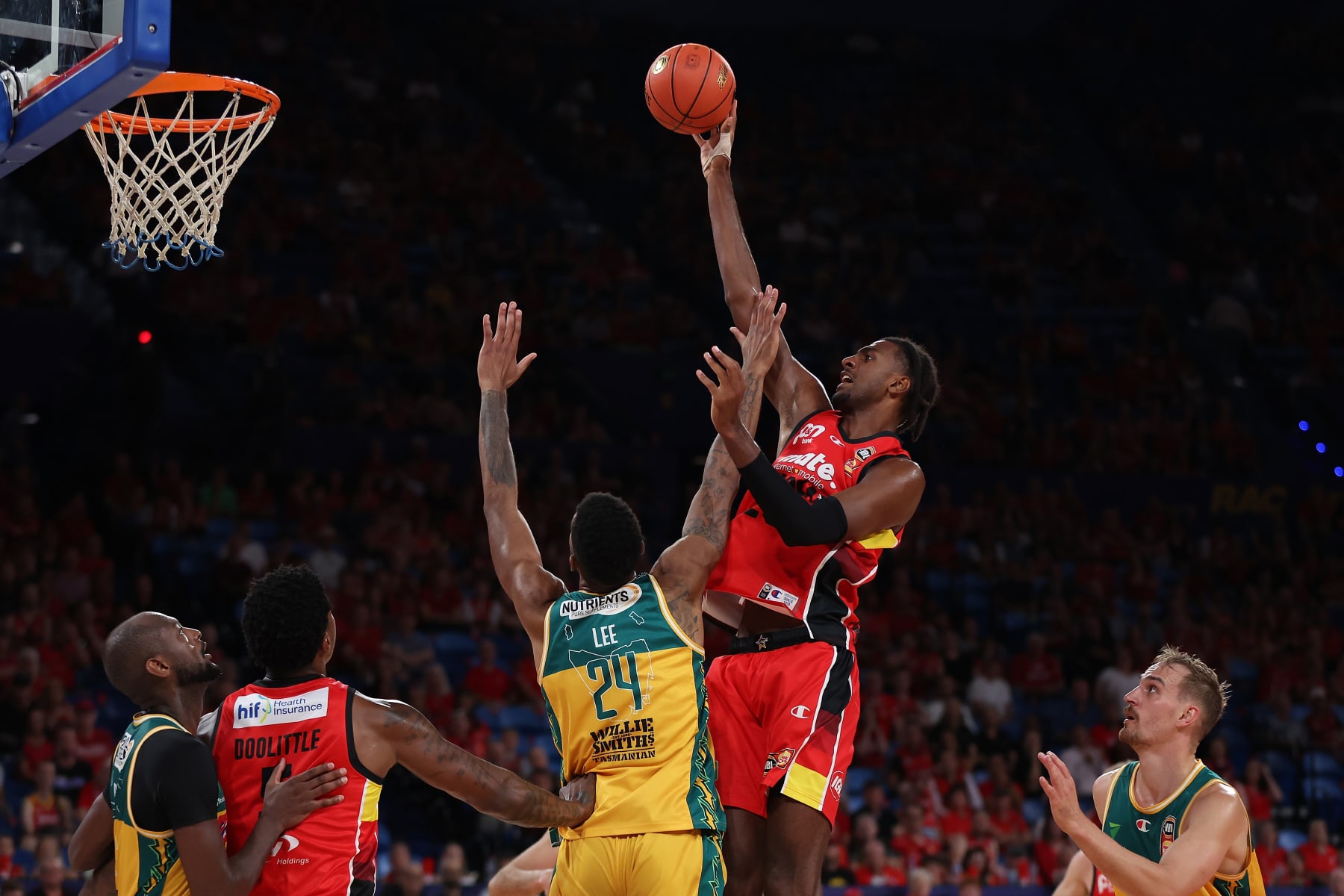 PERTH, AUSTRALIA - MARCH 13: Alex Sarr of the Wildcats puts a shot up during game three of the NBL semifinal series between Perth Wildcats and Tasmania Jackjumpers at RAC Arena, on March 13, 2024, in Perth, Australia. (Photo by Paul Kane/Getty Images)