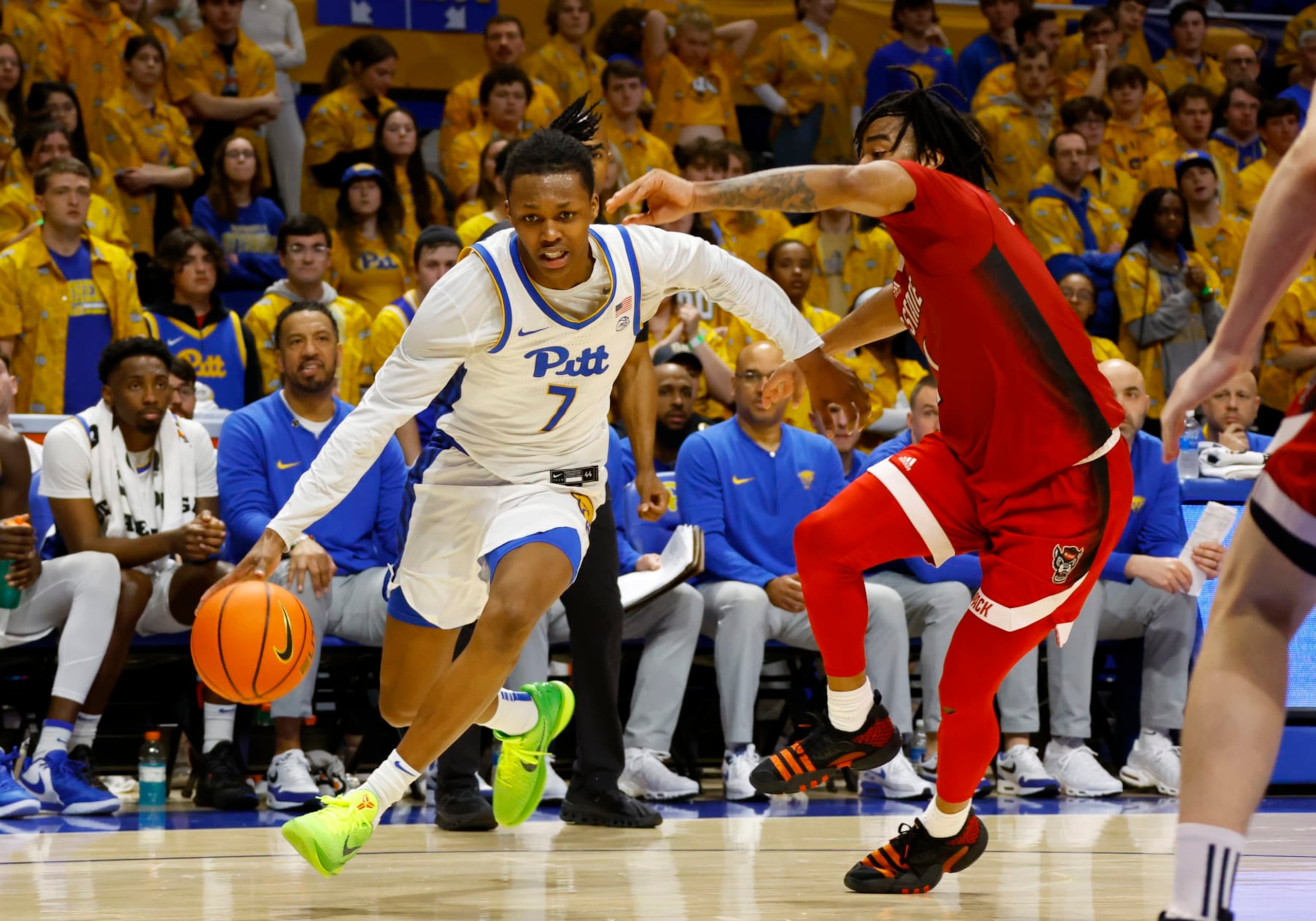 PITTSBURGH, PA - MARCH 09: Carlton Carrington #7 of the Pittsburgh Panthers drives against the North Carolina State Wolfpack in the second half at Petersen Events Center on March 9, 2024 in Pittsburgh, Pennsylvania. (Photo by Justin K. Aller/Getty Images) PITTSBURGH, PA - MARCH 09: Carlton Carrington #7 of the Pittsburgh Panthers drives against the North Carolina State Wolfpack in the second half at Petersen Events Center on March 9, 2024 in Pittsburgh, Pennsylvania. (Photo by Justin K. Aller/Getty Images)