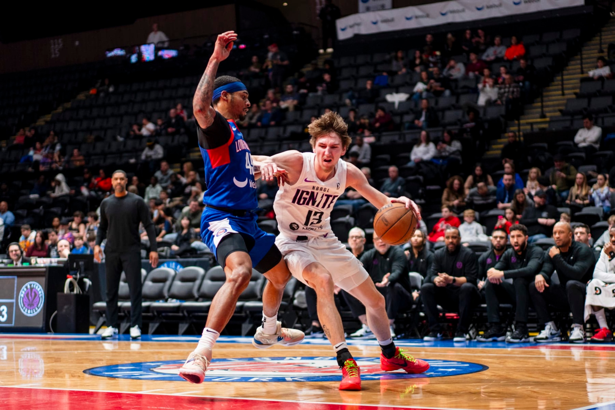 UNIONDALE, NY - MARCH 5: Matas Buzelis #13 of the G League Ignite drives to the basket during the game against the Long Island Nets on March 5, 2024 at Nassau Coliseum in Uniondale, New York. NOTE TO USER: User expressly acknowledges and agrees that, by downloading and/or using this Photograph, user is consenting to the terms and conditions of the Getty Images License Agreement. Mandatory Copyright Notice: Copyright 2024 NBAE (Photo by Mary Kate Ridgway/NBAE via Getty Images) UNIONDALE, NY - MARCH 5: Matas Buzelis #13 of the G League Ignite drives to the basket during the game against the Long Island Nets on March 5, 2024 at Nassau Coliseum in Uniondale, New York. NOTE TO USER: User expressly acknowledges and agrees that, by downloading and/or using this Photograph, user is consenting to the terms and conditions of the Getty Images License Agreement. Mandatory Copyright Notice: Copyright 2024 NBAE (Photo by Mary Kate Ridgway/NBAE via Getty Images)