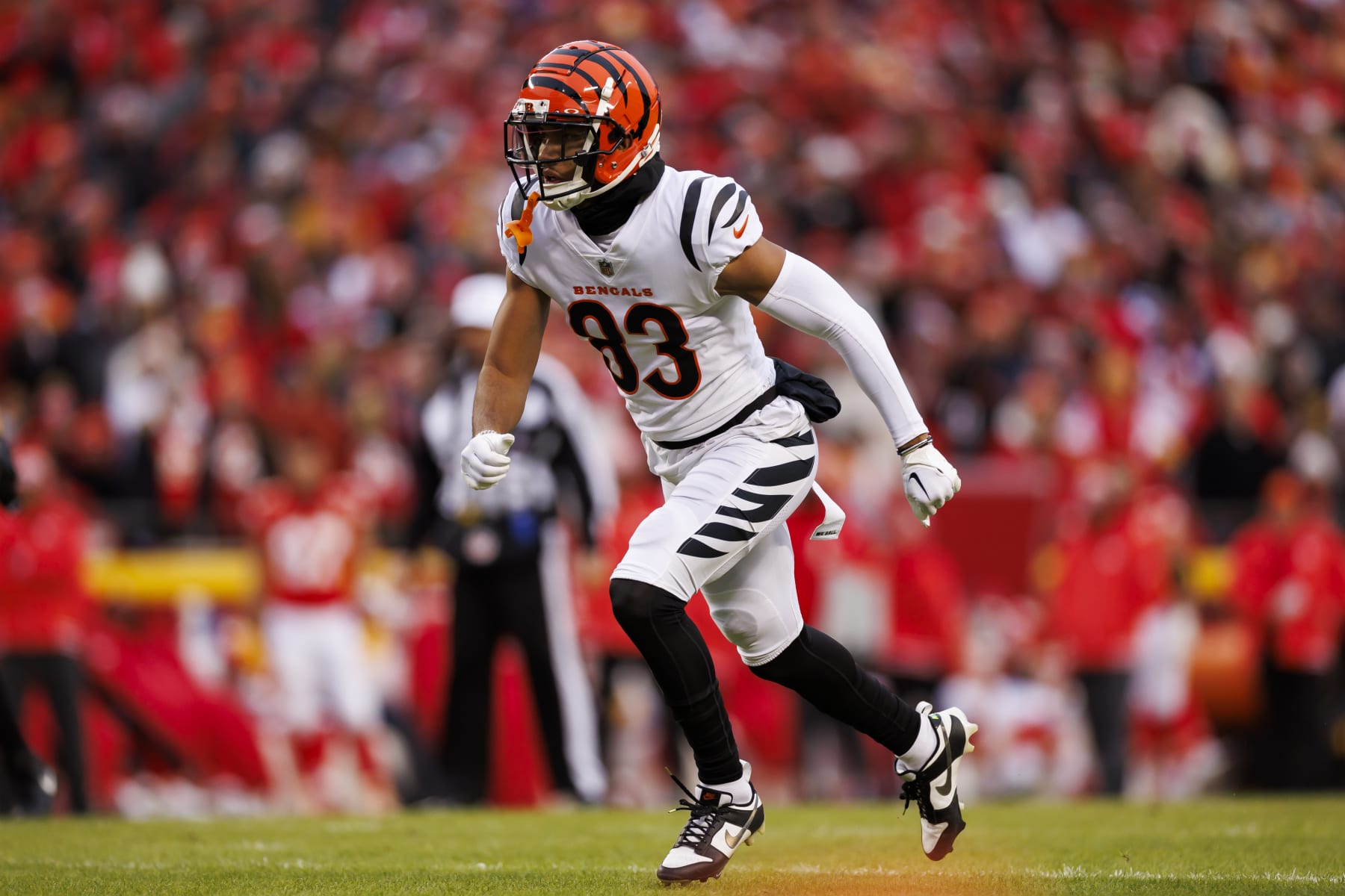 KANSAS CITY, MISSOURI - DECEMBER 31: Tyler Boyd #83 of the Cincinnati Bengals runs a route during an NFL football game against the Kansas City Chiefs at GEHA Field at Arrowhead Stadium on December 31, 2023 in Kansas City, Missouri. (Photo by Ryan Kang/Getty Images)