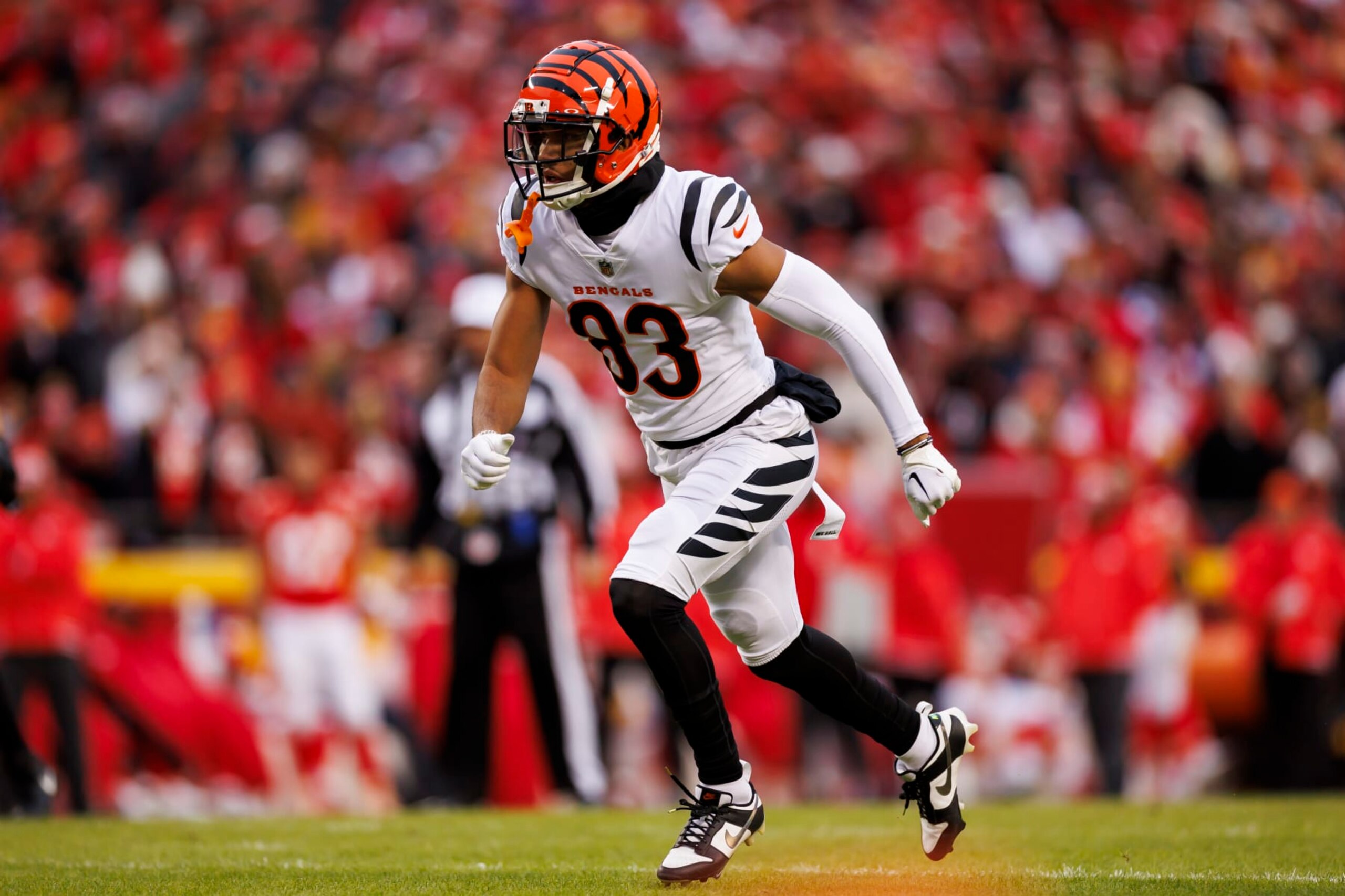 KANSAS CITY, MISSOURI - DECEMBER 31: Tyler Boyd #83 of the Cincinnati Bengals runs a route during an NFL football game against the Kansas City Chiefs at GEHA Field at Arrowhead Stadium on December 31, 2023 in Kansas City, Missouri. (Photo by Ryan Kang/Getty Images)